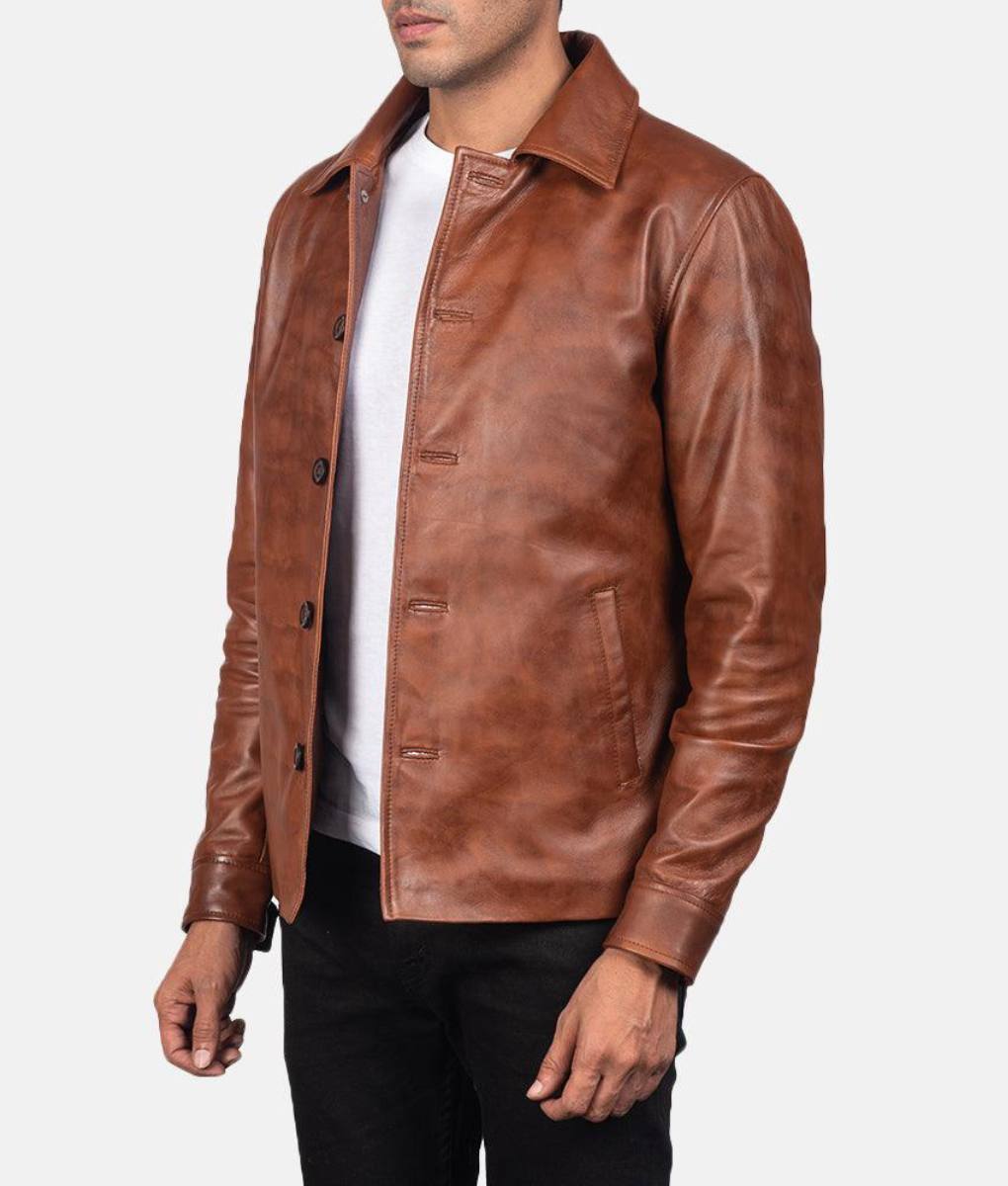 Mens Brown Shirt Collar Leather Jacket