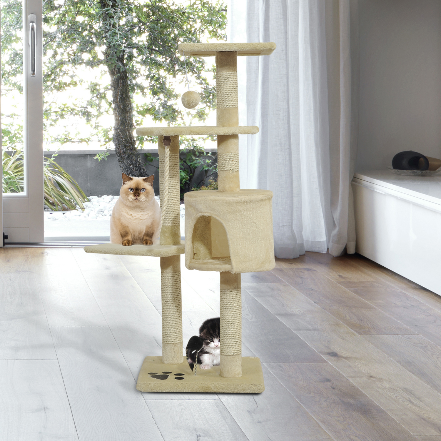 PawHut Katzenbaum, Kratzbaum mit Sisalsäulen, Katzenkratzbaum, Katzen Kletterbaum mit Höhle, Spielbälle, Beige, 75L x 40B x 112H cm