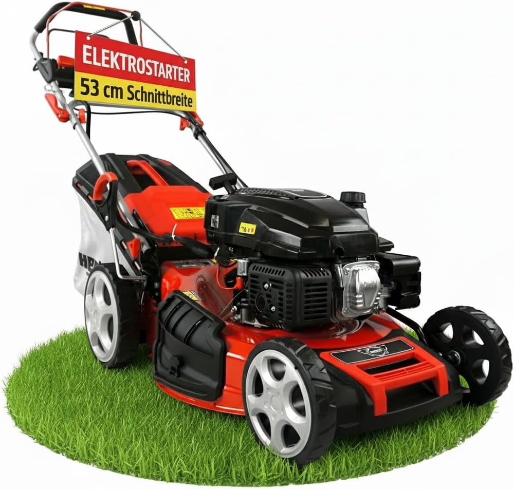 HECHT 5-IN-1 Benzin Rasenmäher - leistungsstarker 4 Takt Eco Motor 4,4 kW (6,0 PS) - Elektrostart - 53 cm Schnittbreite - 75 l Fangkorb - Radantrieb - patentierte Räder - Mulchmäher