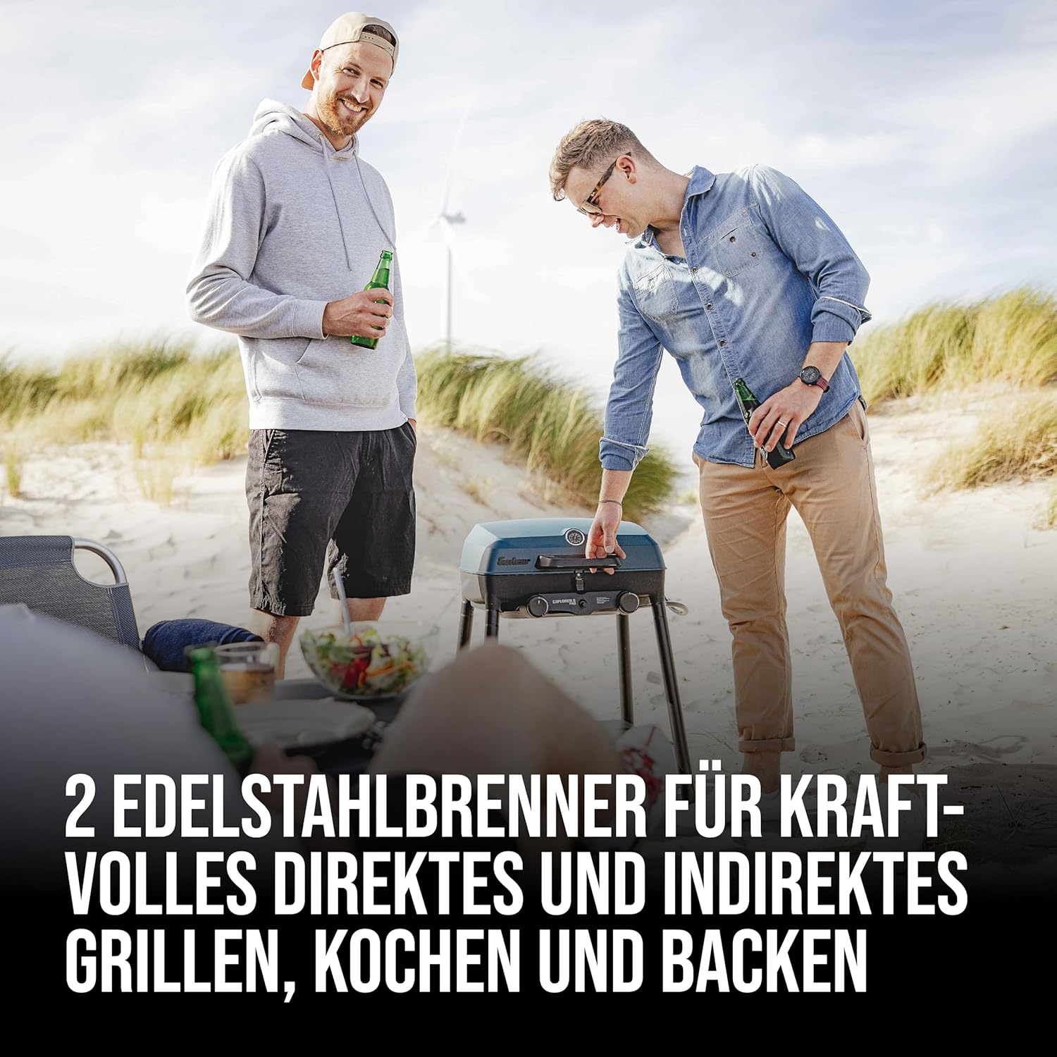 Enders® Camping Gasgrill EXPLORER II PRO, integriertes Grill-Thermometer, Grillen-, Kochen-, Backen Funktion, 2 Brenner Edelstahl, kleiner Balkon-Picknick-Grill - Aluguss-Grillwanne, #2108