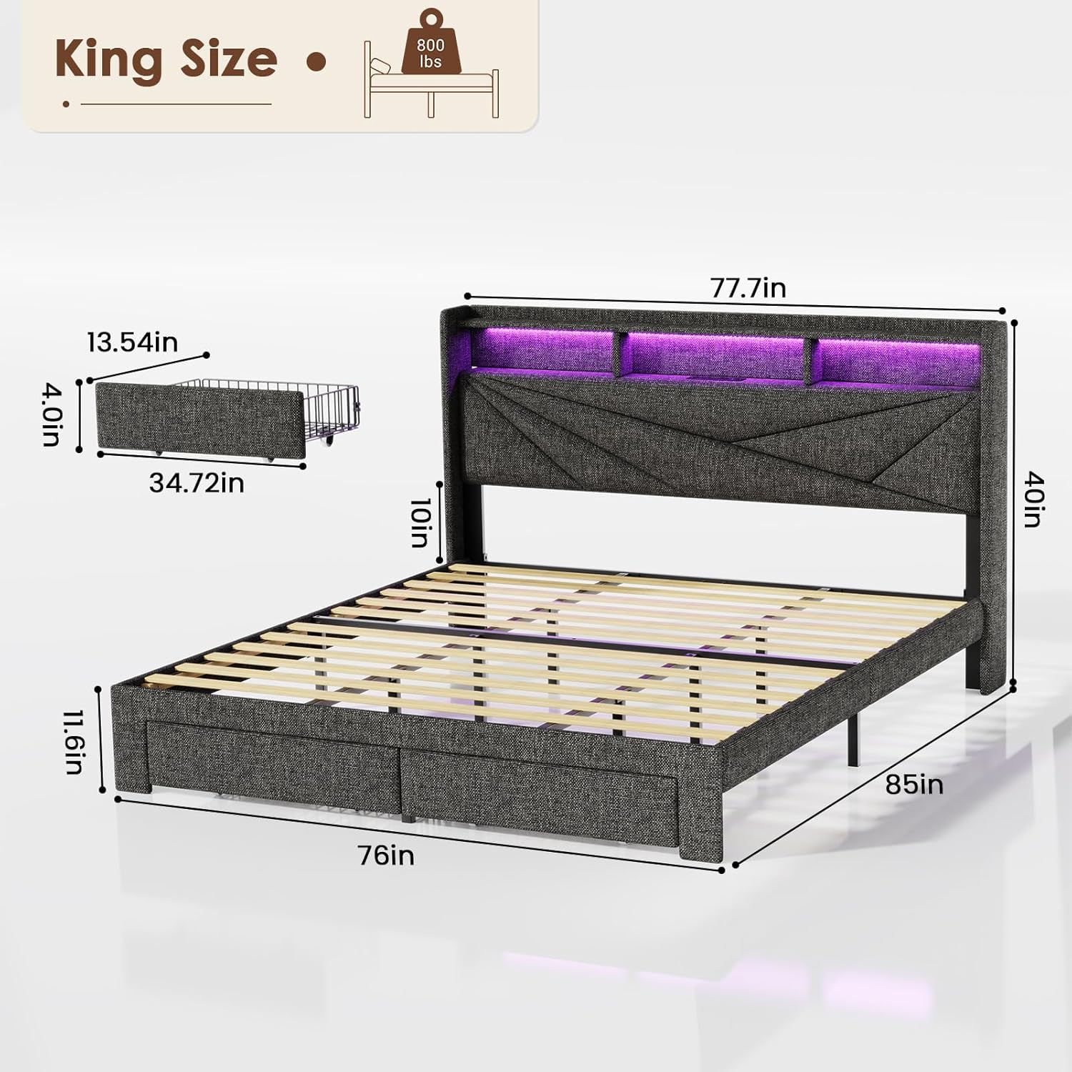 King Size Bed Frame with 2-Tier Storage Headboard, Upholstered King Bed Frame with 2 Drawers, Charging Station and LED Lights, No Box Spring Needed, Easy Assembly - Dark Grey