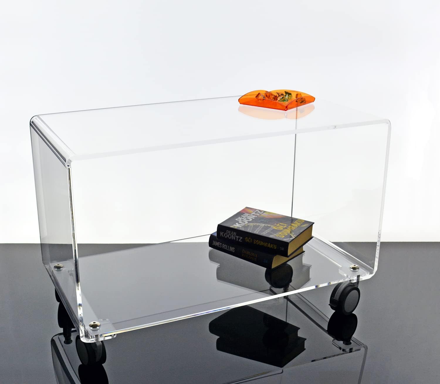 Slato Lady ⎪ Tavolino a due ripiani con ruote da Salotto, Soggiorno, Tavolino da caffè con ruote, Port TV, Tavolino lato divano, in cristallo acrilico Trasparente Made in Italy (33x60x50)