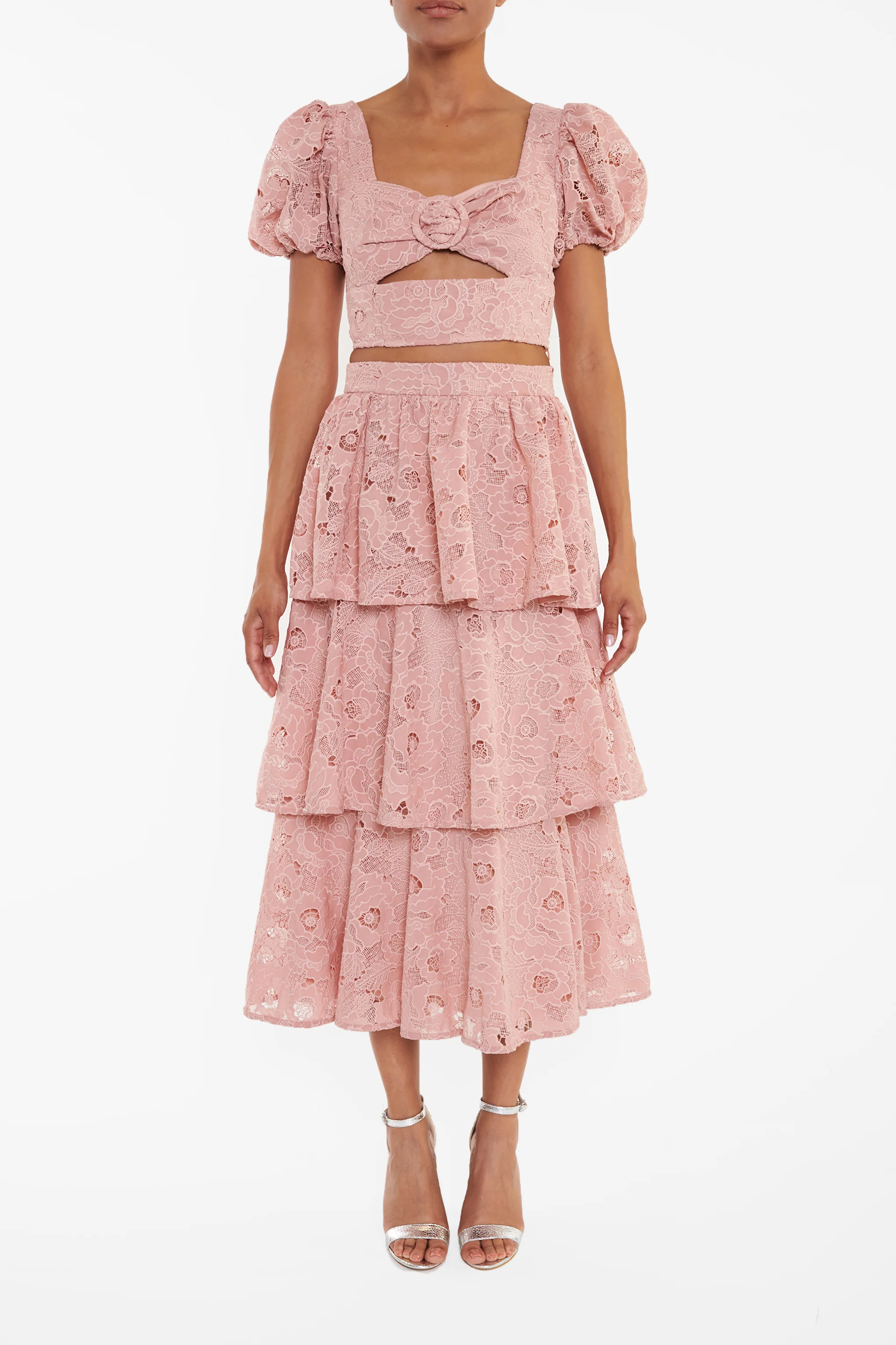 Rosalia Co-Ord Dusty Pink Cutwork Cut-Out Puff Sleeve Crop-Top