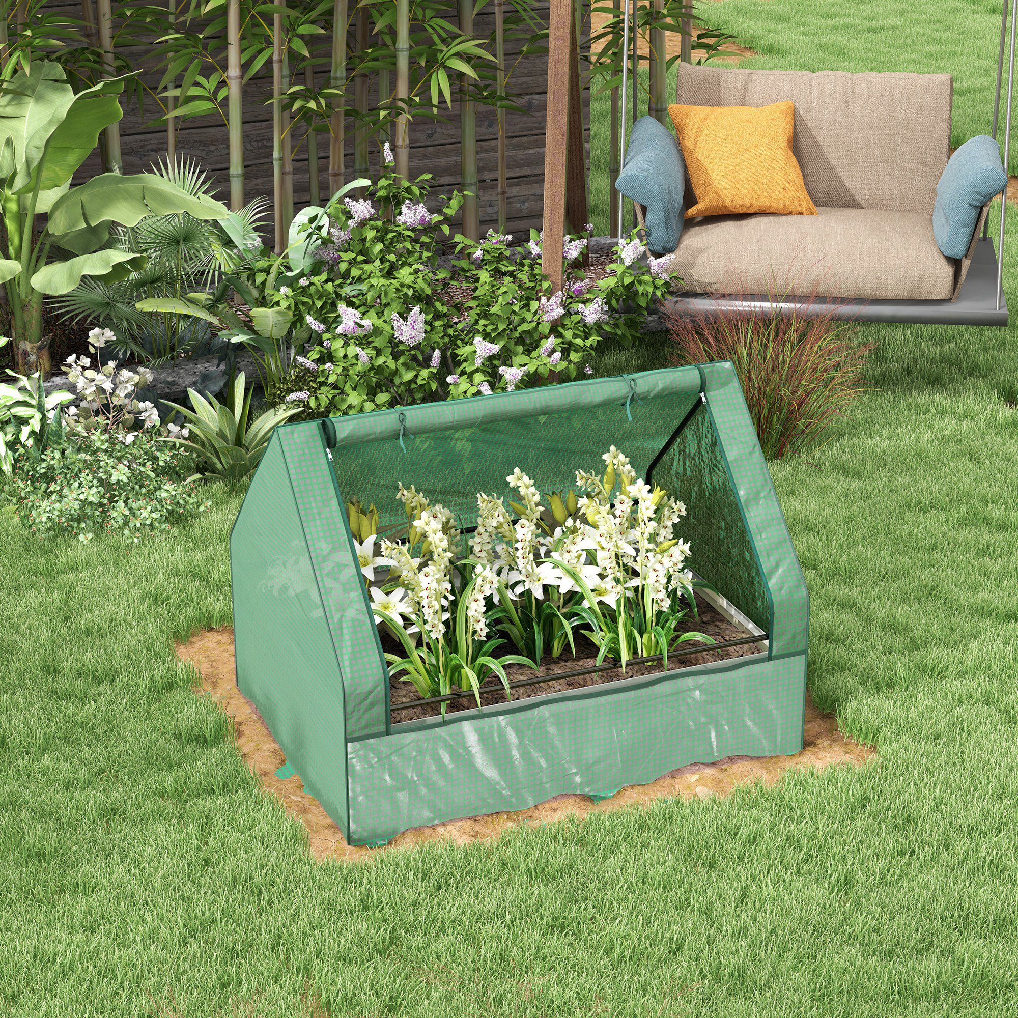 Outsunny Mini-Gewächshaus kleines Gewächshaus Frühbeet, verzinkter Pflanzkasten, aufrollbare Türen, 125 cm x 95 cm x 92 cm, Grün