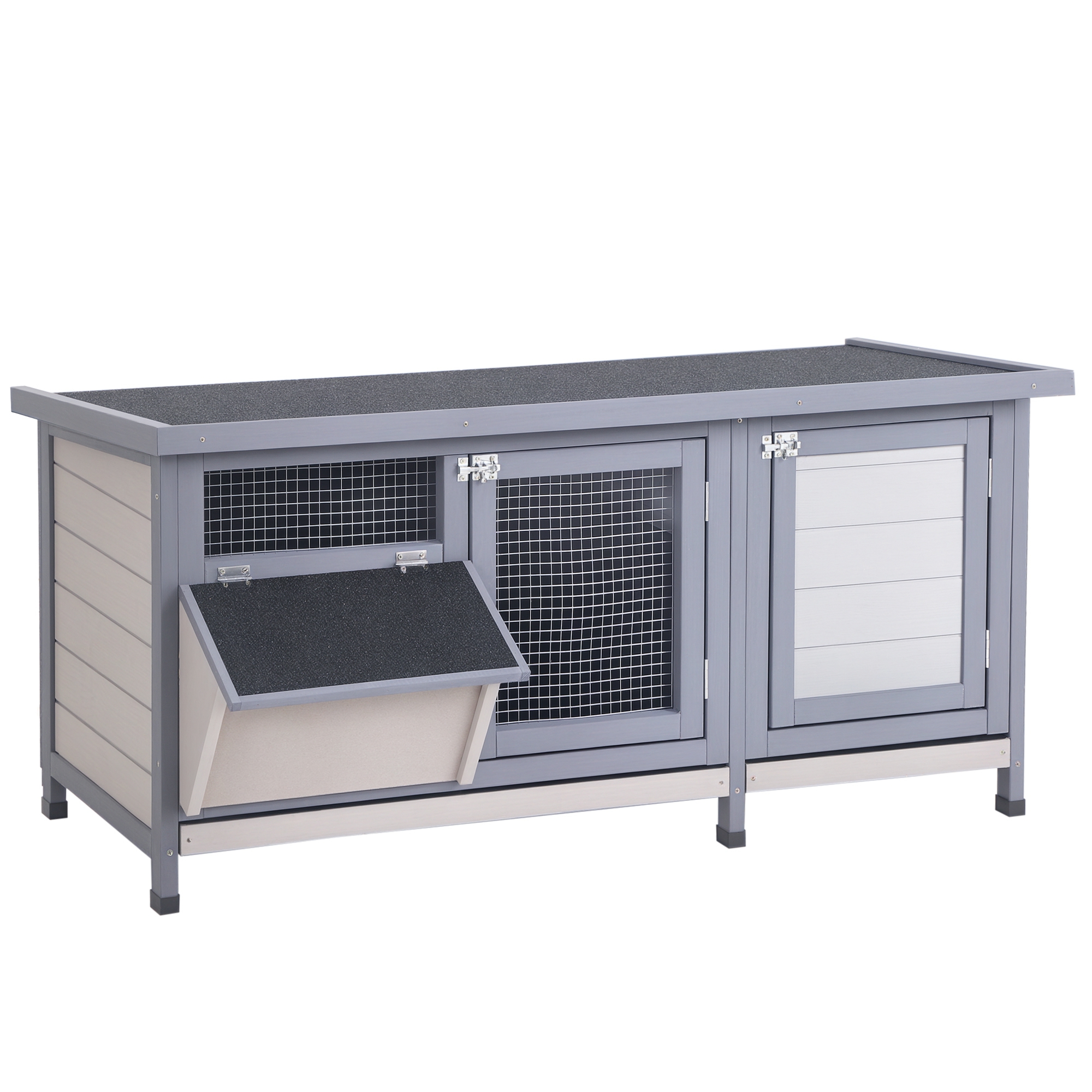 PawHut Kleintierstall Kleintierkäfig mit Bodenwanne Kleintierhaus mit Asphaltdach und Futtertrog Outdoor Indoor Tannenholz Grau+Schwarz 112 x 50 x 54 cm
