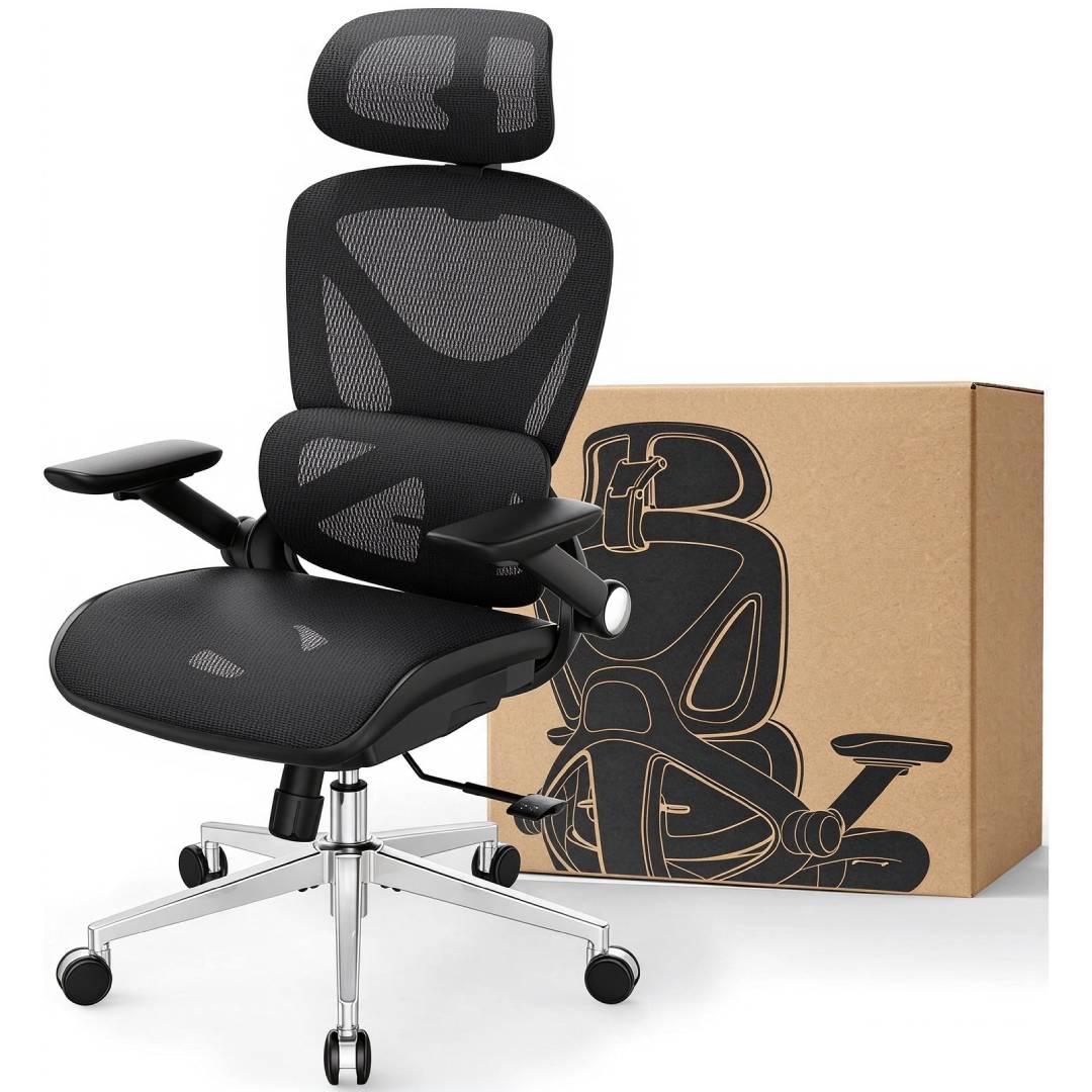Ergonomischer Bürostuhl mit Netzstoff, hoher Rückenlehne und 3D-Kopfstütze, bis 159 kg, mit 4D-Klapparmlehnen und PU-Rollen