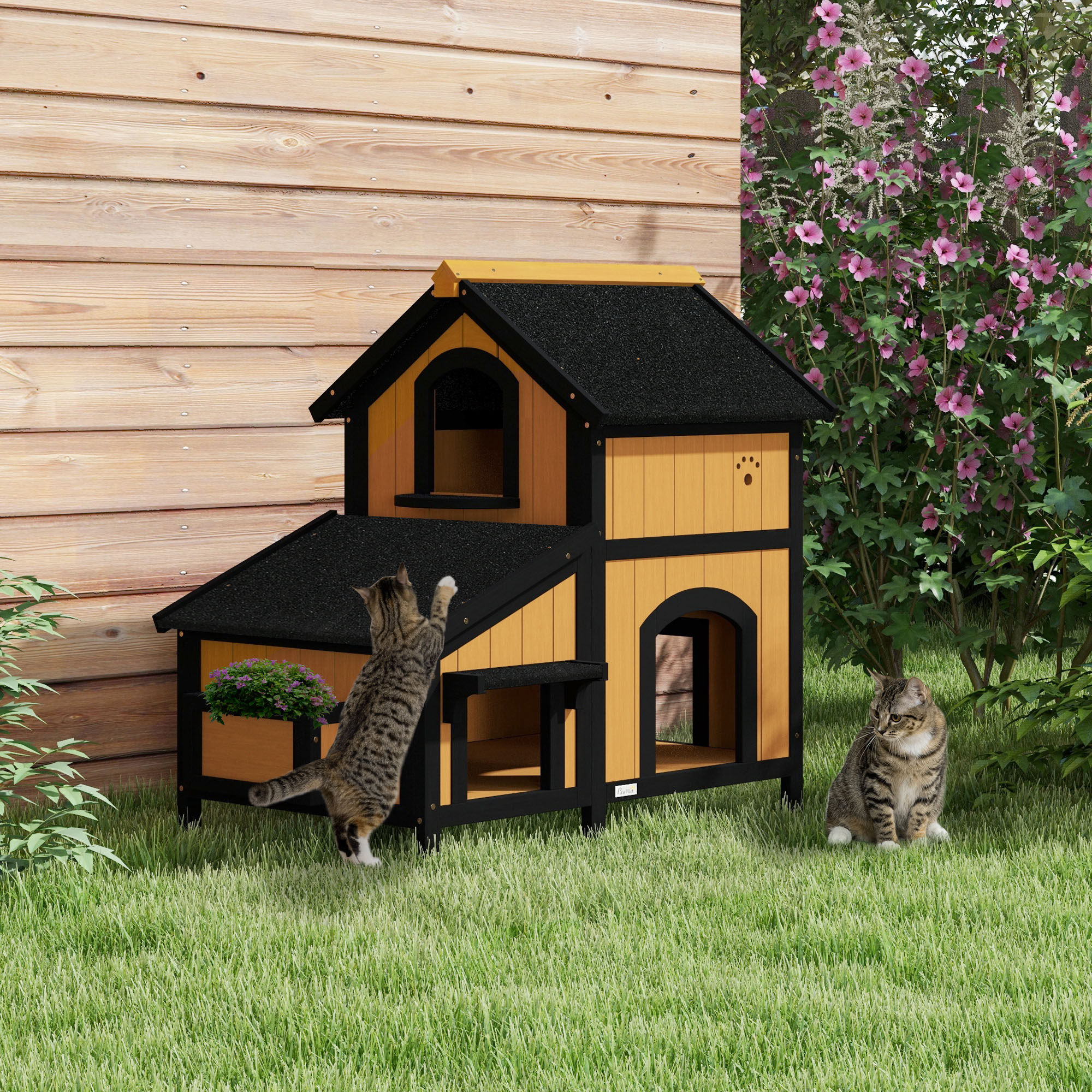PawHut Katzenhaus Katzenhütte Katzenhöhle, inkl. Blumenkasten, 96 cm x 65 cm x 85,5 cm, Gelb + Weiß + Schwarz
