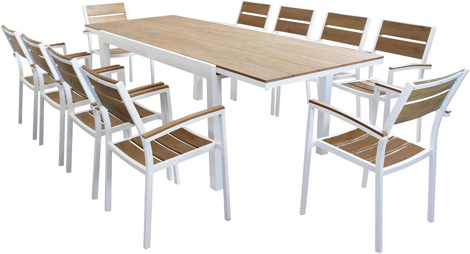 MilaniHome.it - Table Set 200/300 x 100 cm, Aluminium Frame Including 10 Seats, White, Brown