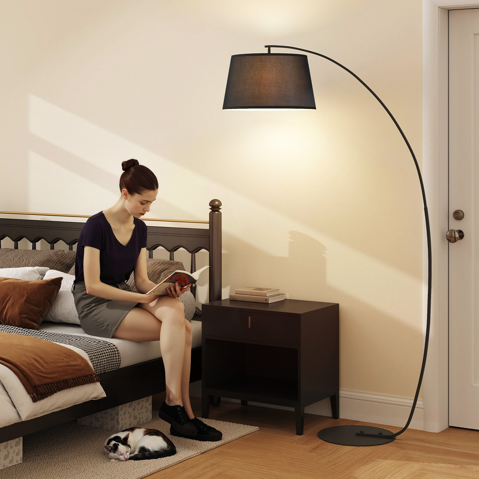 HOMCOM Stehlampe, Gebogene Stehleuchte mit Stoffschirm, Bodenlampe mit runder Basis, Metall, 105L x 47B x 190H cm, Schwarz