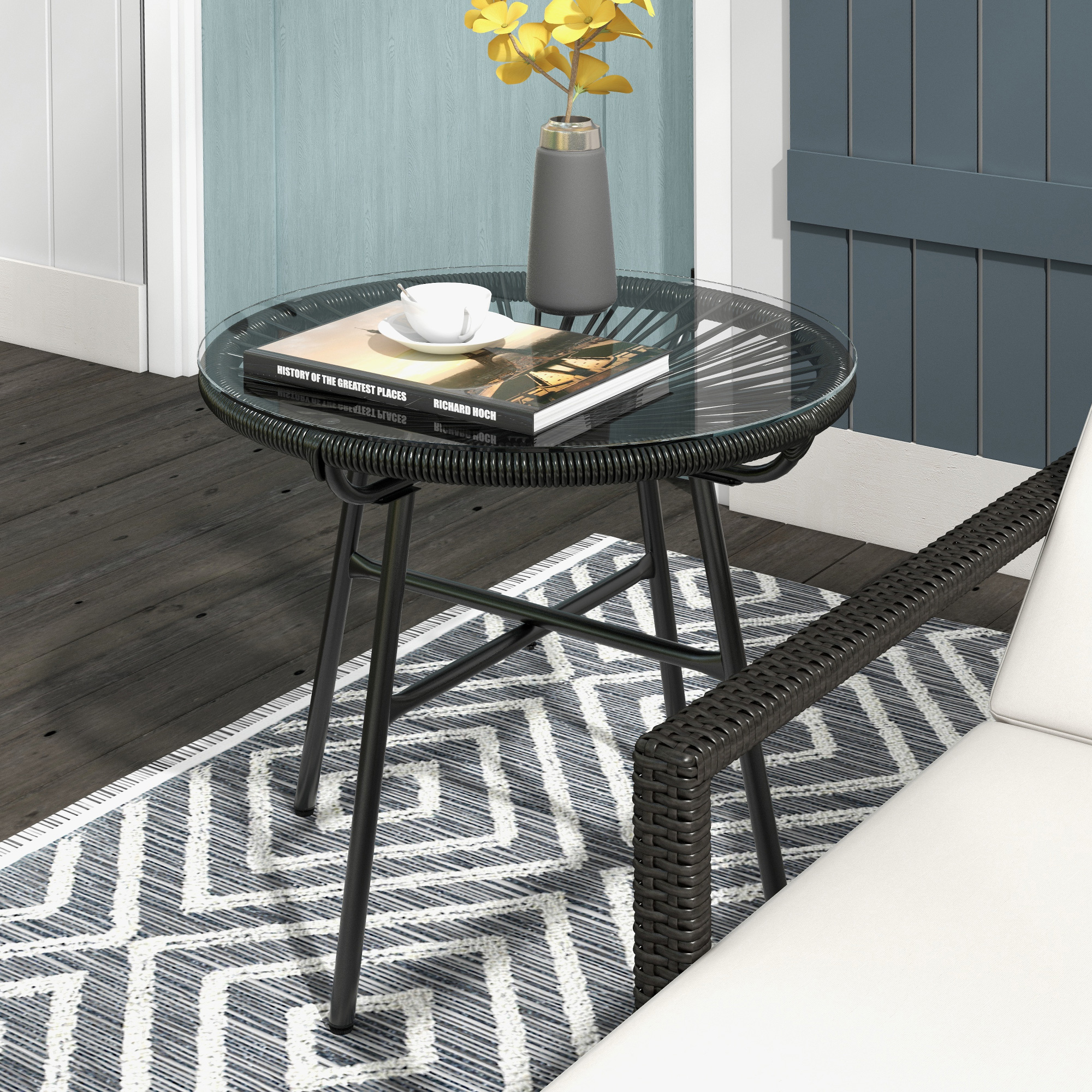 Outsunny Gartentisch Boho-Stil Outdoor Beistelltisch, PE-Rattan, gehärtetes Glas, wetterbeständig, 50 cm x 50 cm x 50 cm, Schwarz