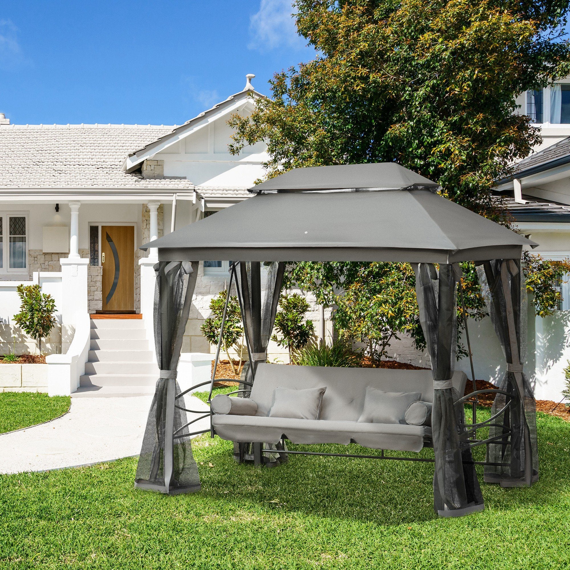 Easycomfort Dondolo da Giardino 3 Posti Lettino e Gazebo Design 3 in 1 con Tettuccio, 256x172x248 cm, Grigio Scuro