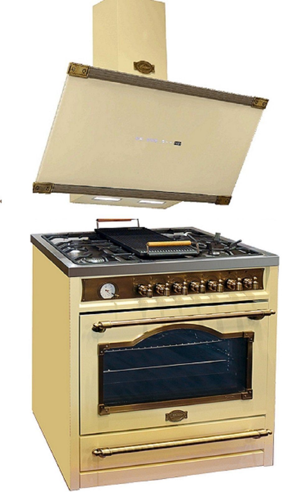 Gas-Standherd Retro Gas Elektro Standherd 90 cm, 5 Gasbrenner + Dunstabzugshaube 90 cm HGE 93555 ElfEm+AT 9445 ElfAD.