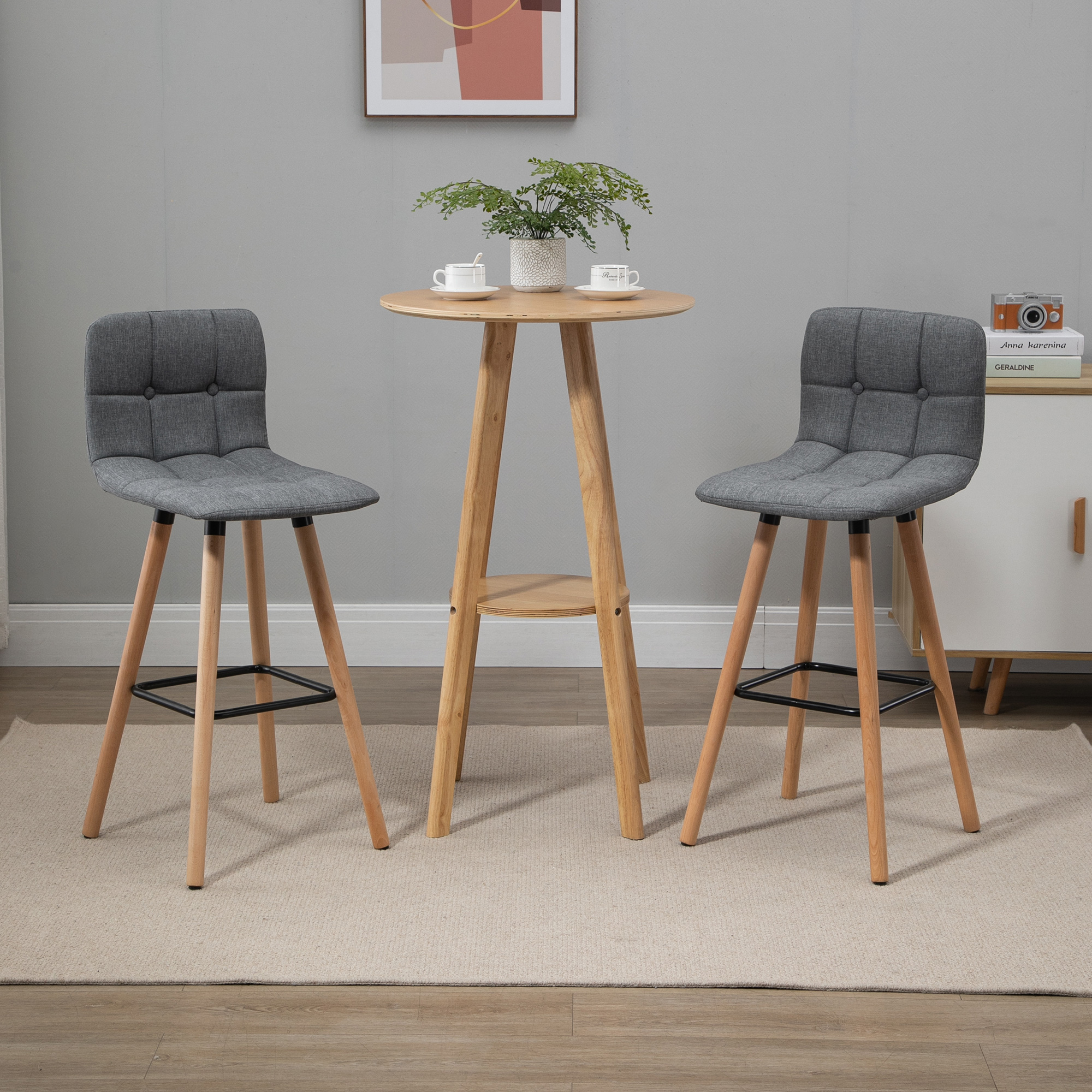 HOMCOM Set 2 Barhocker mit Rückenlehne und Fußstütze, Gepolsterter Stoffsitz und Holzbeine, 41,5x47x97,5, Grau