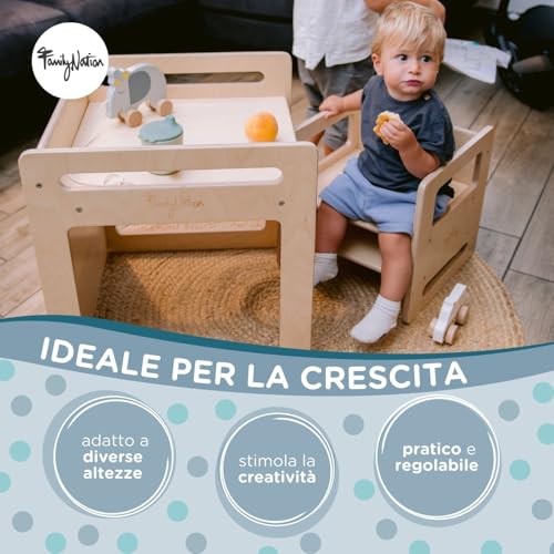 Family Nation, Set Tavolo e Sedia Montessoriani Evolutivi, Altezza Regolabile, Ideale per Leggere e Disegnare, per Bambini dai 10 ai 48 Mesi, Solida Struttura in Legno, Natural : Casa e cucina