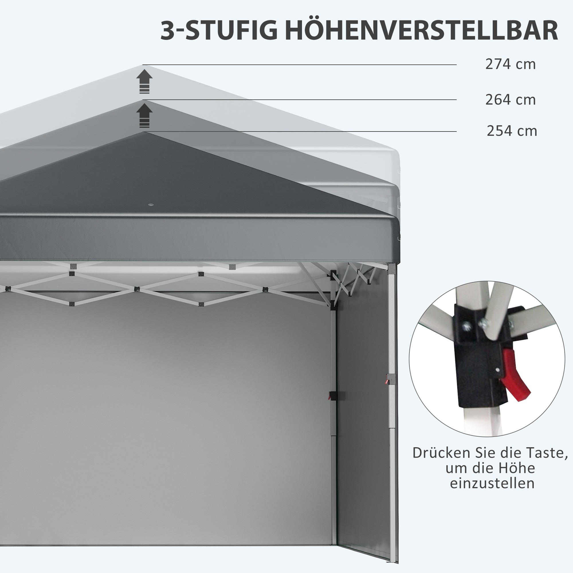 Opvouwbare paviljoen met 2 zijwanden, verstelbare hoogte, inclusief draagtas, roestvrij stalen frame, 3x3 m, Donkergrijs