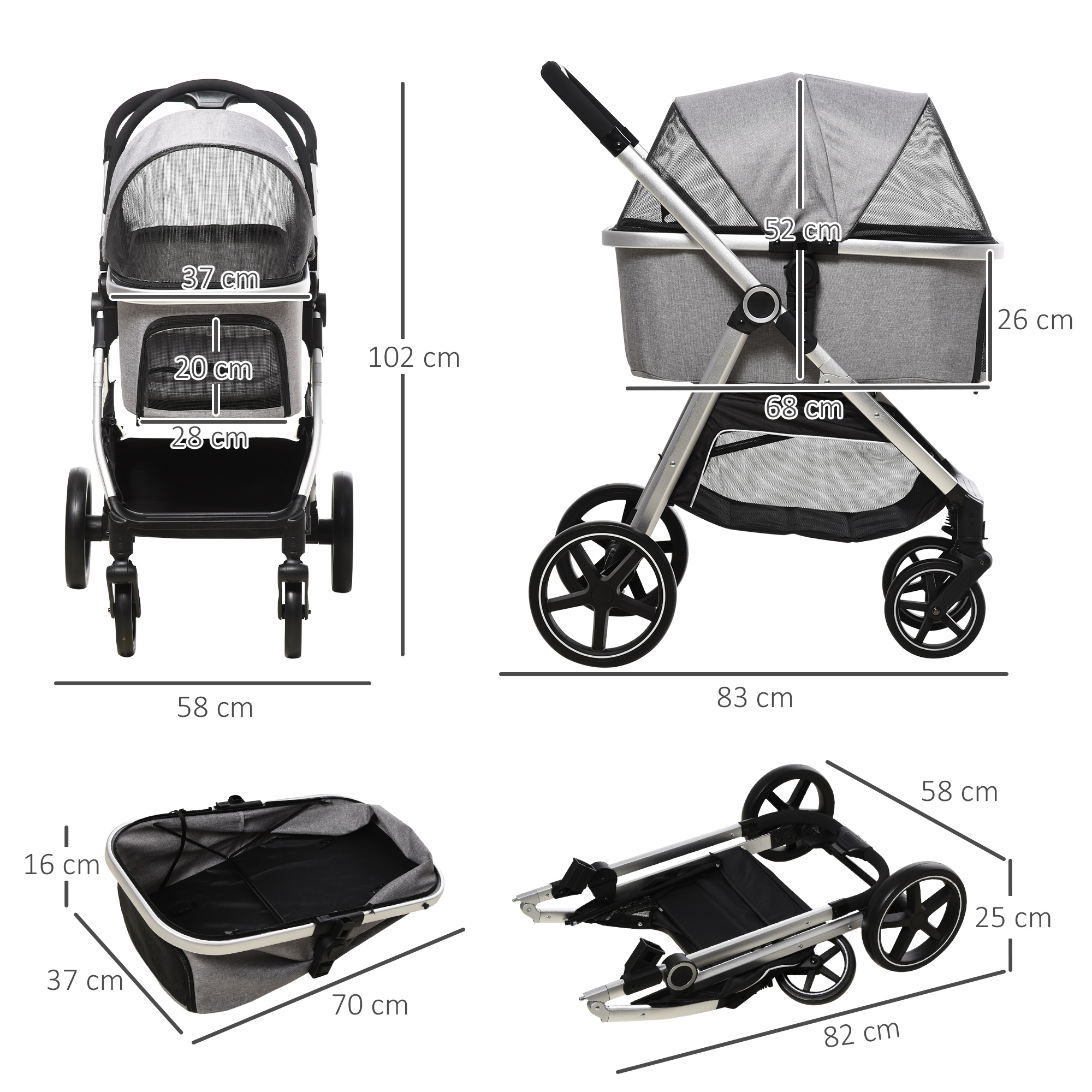 hondenkar, 2-in-1 hondenwagen, draagtas, opvouwbare hondenbuggy, grijs