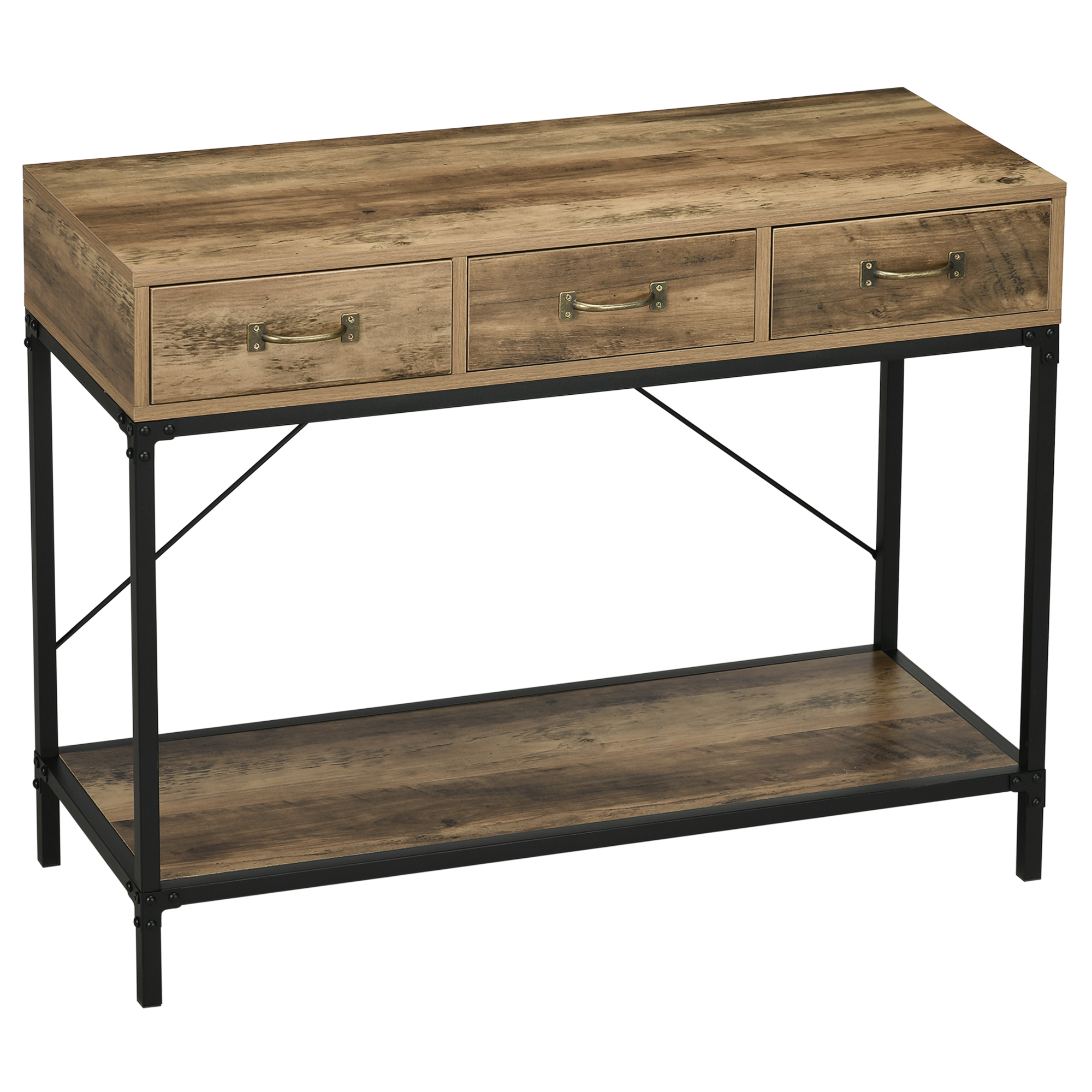 HOMCOM Konsolentisch Eingangstisch Industriedesign 3 Schubladen 1 Tischplatte mit Holzoptik 100 x 35 x 76,5 cm Hellbraun Schwarz
