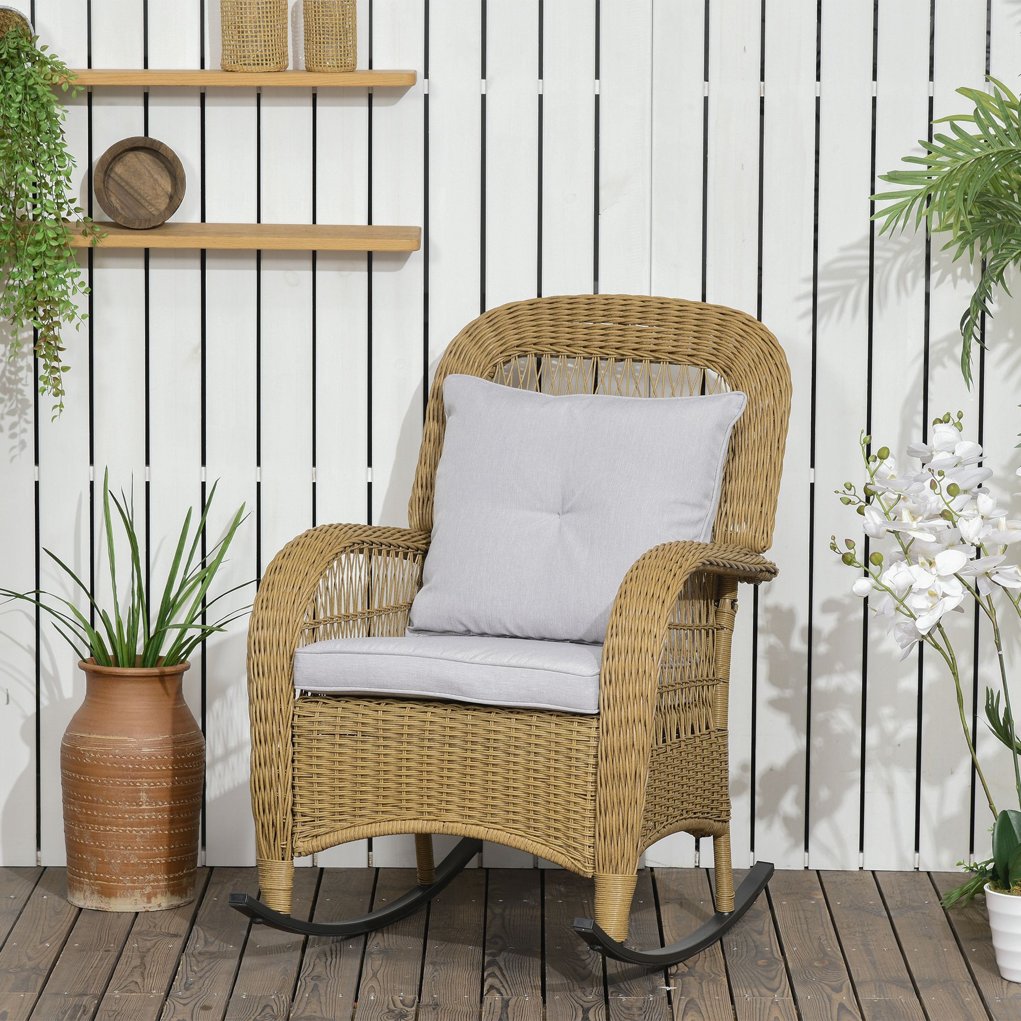 Outsunny Schaukelstuhl im Boho-Stil, PE-Rattan, Rattan-Schaukelstuhl, waschbare Polsterbezüge, Natur + Hellgrau