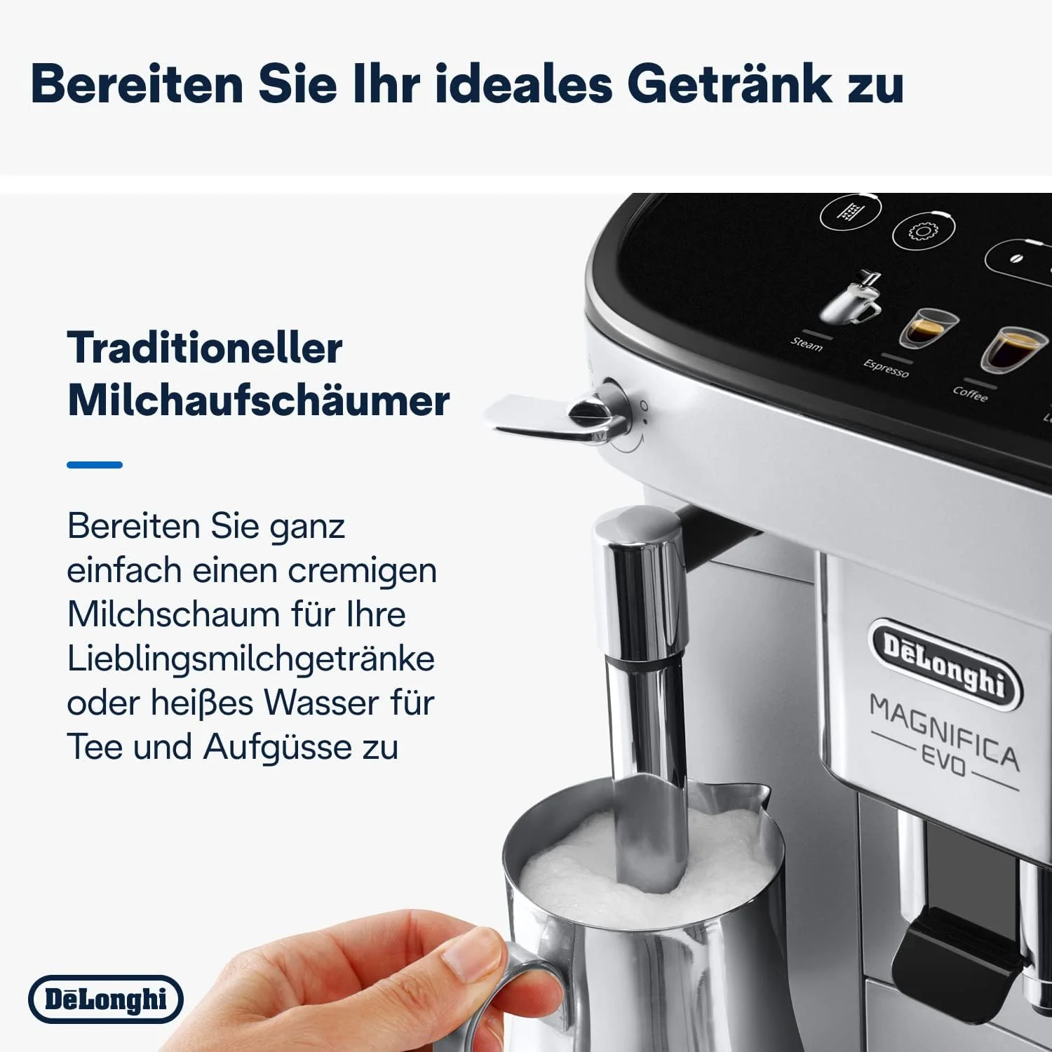 De'Longhi Magnifica Evo ECAM 292.33.SB volautomatische espressomachine met melkopschuimmondstuk, 5 directe keuzeknoppen voor espresso, koffie en koffiespecialiteiten, intu?tief bedieningspaneel, 2-kopsfunctie, zilver/zwart