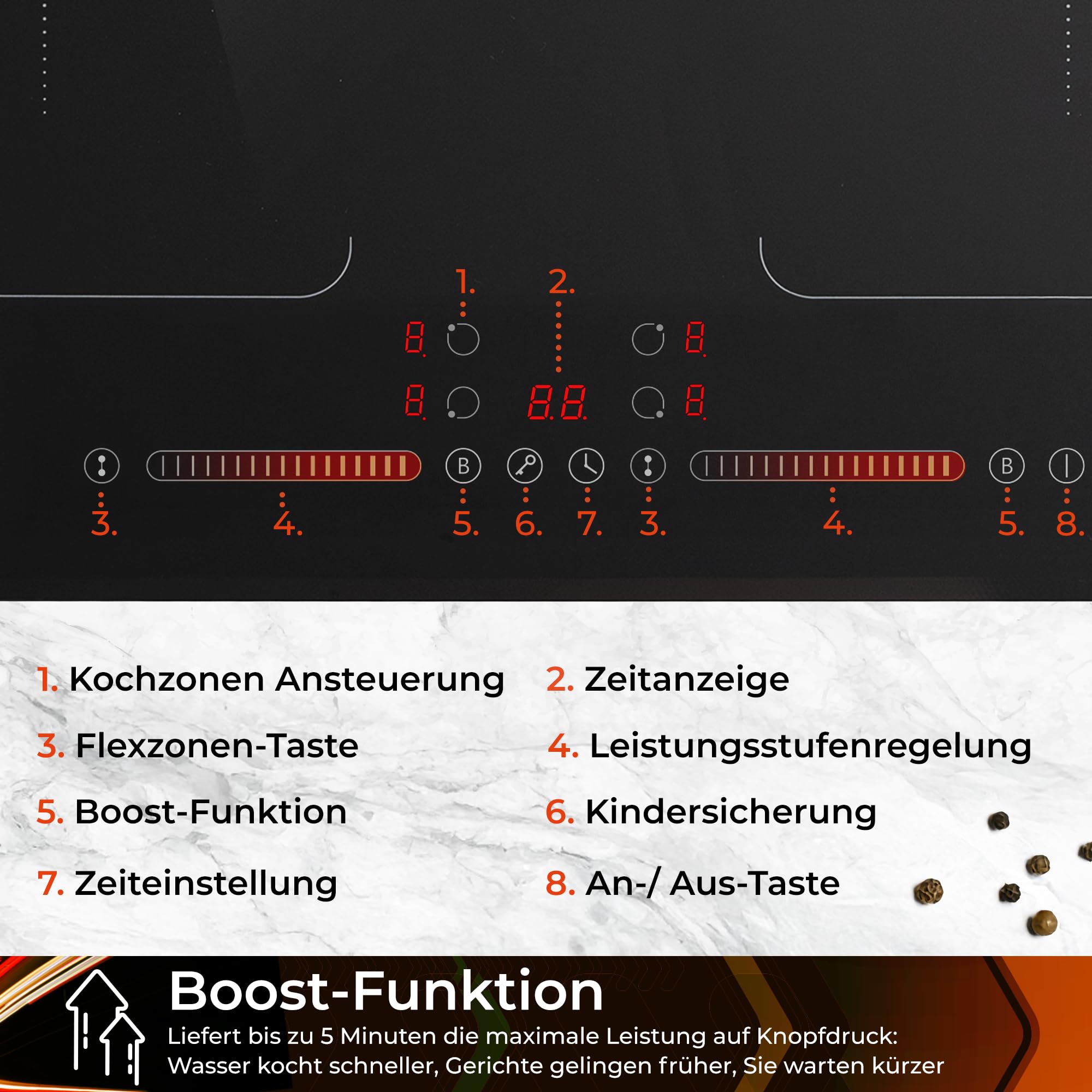 Induktionskochfeld 60 cm 4 Zonen 2 Flexzonen 7400 W Glaskeramik Boost-Funktion Timer Kindersicherung Abschaltautomatik