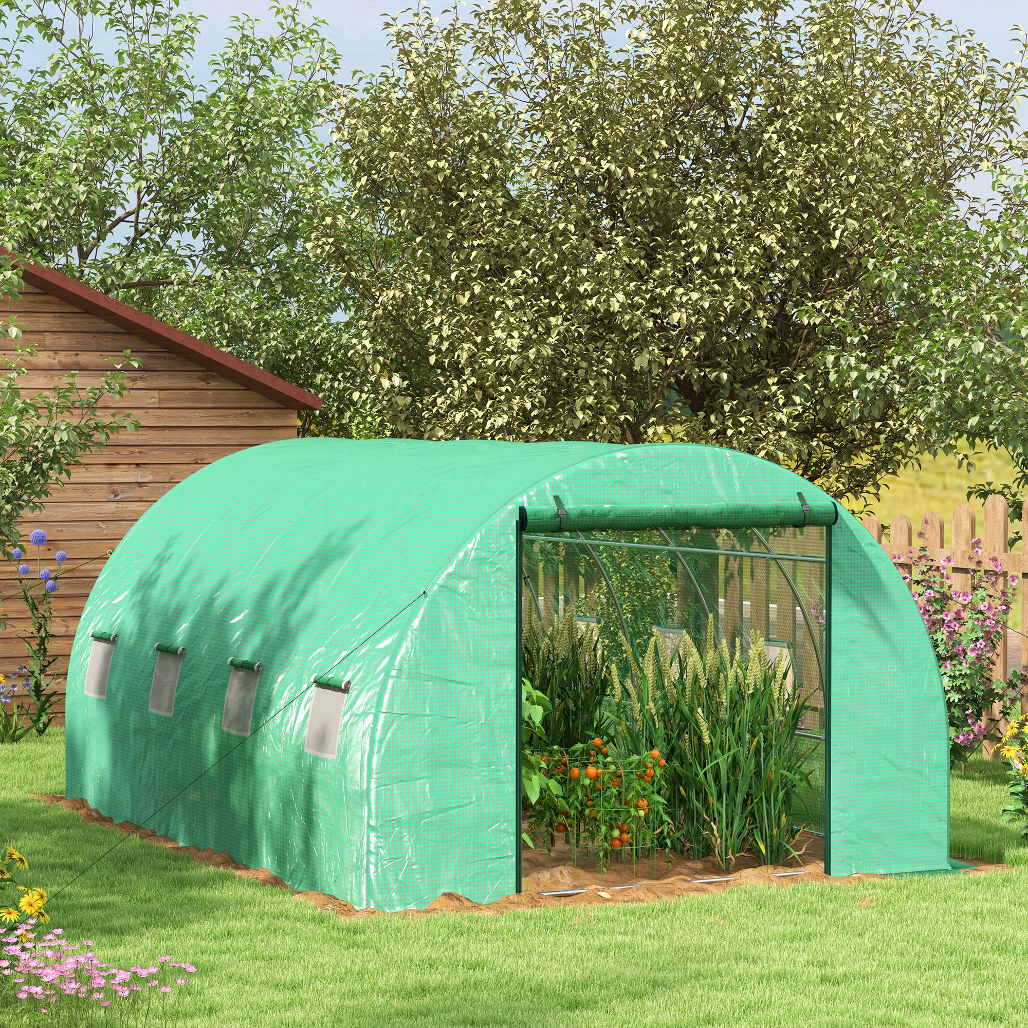 Outsunny Garten Gewächshaus Tunnel 12 m² 4L x 3B x 2H m Verstärkter Stahl + Hochdichtes PE 140 g/m² 8 Fenster Rolltür Grün