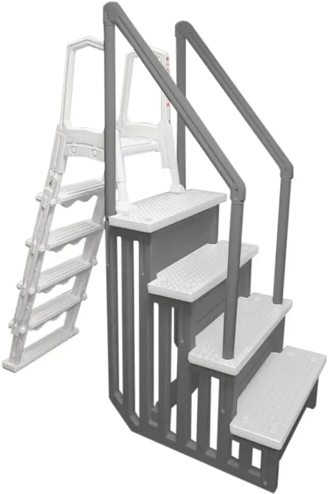 Non-slip entry steps for pools | Grey | For above-ground pools | Can be installed on terraces with a height of 122 to 137 cm | Load capacity up to 136 kg