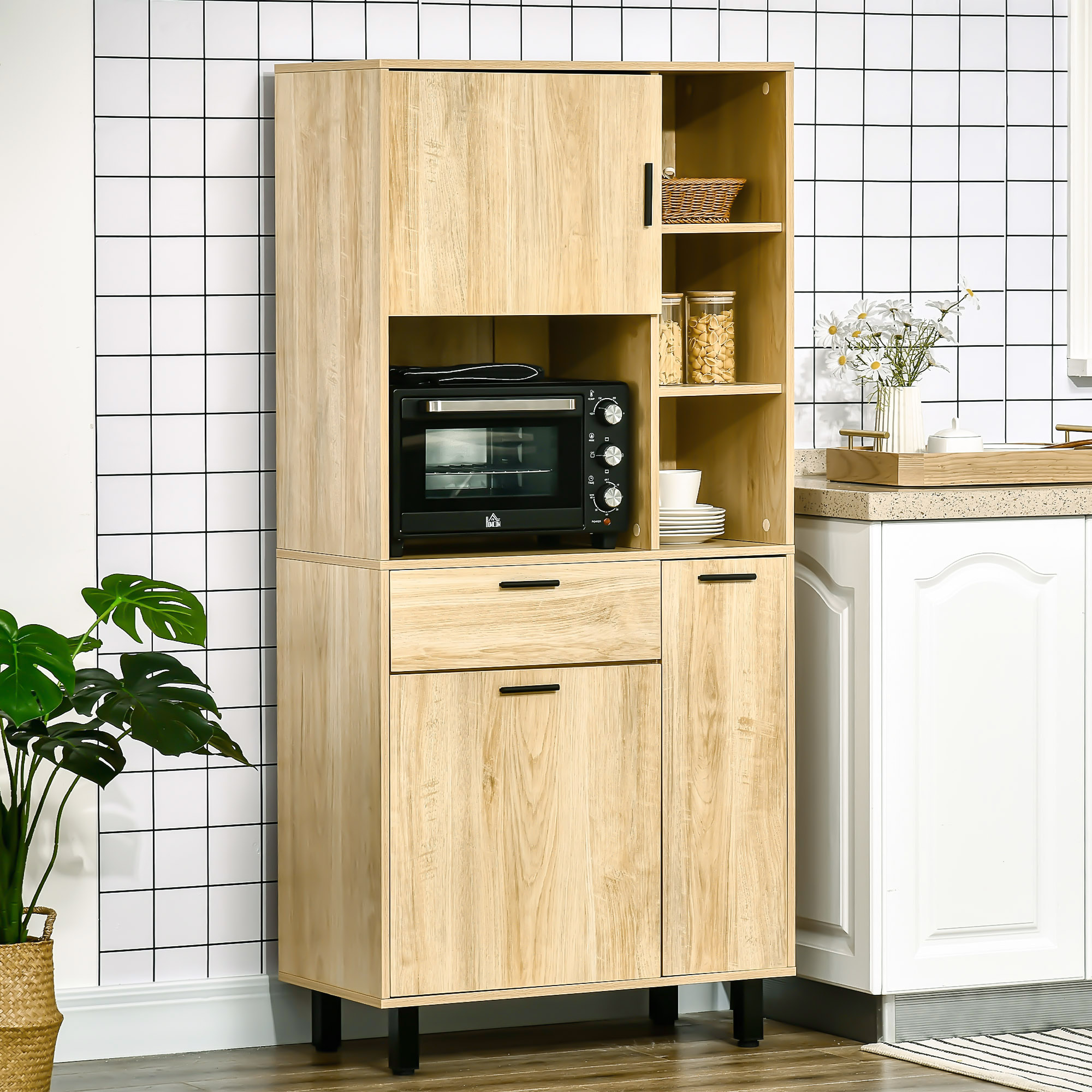 HOMCOM Küchenbuffet Küchenschrank mit einem Schublade, 3 Schränken, 4 offenen Fächern und Kabeldurchlass Höhe 166 cm