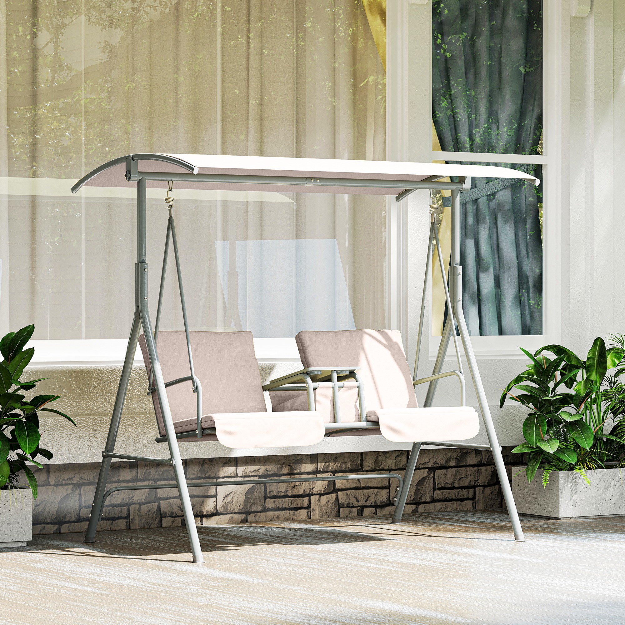 Outsunny Hollywoodschaukel, Gartenschaukel, 2-Sitzer-Schaukel mit Sonnendach, 175 x 112 x 165 cm, Beige