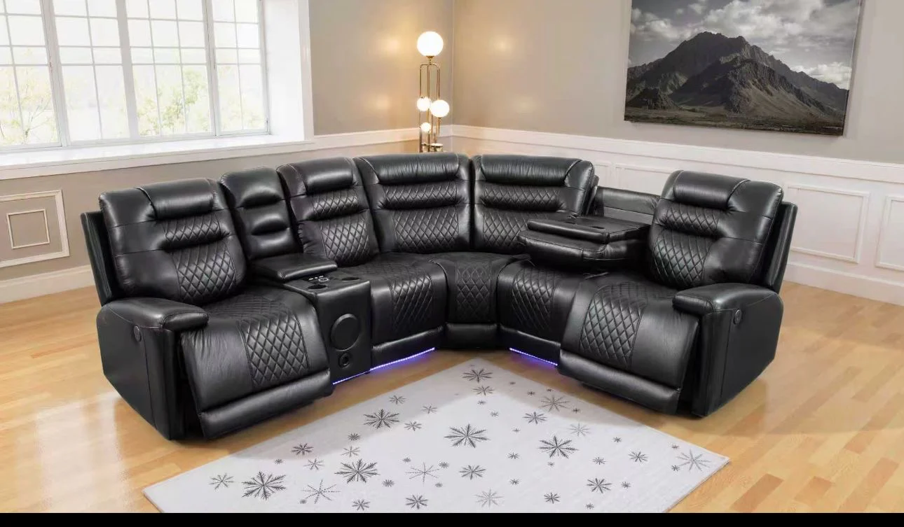 Grey Electric Corner Recliner Sofa with Bluetooth Speakers, Wireless Charger, USB & LED Lights – Luxury Leather Corner Sofa
