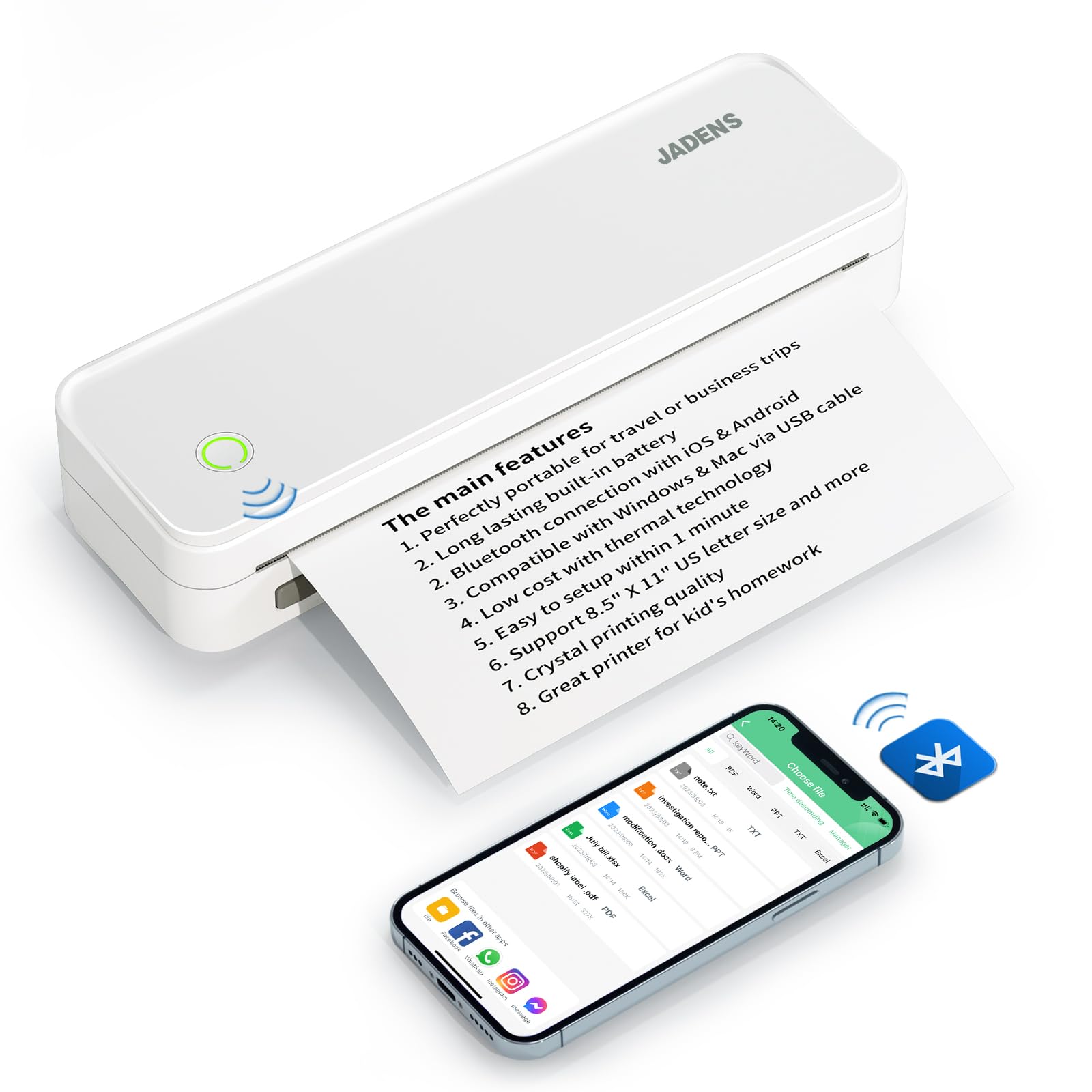 JADENS Bluetooth Thermal Portable Printer, Ink-Free, 8.5′′x11′′ Support, Compact for Travel & Office