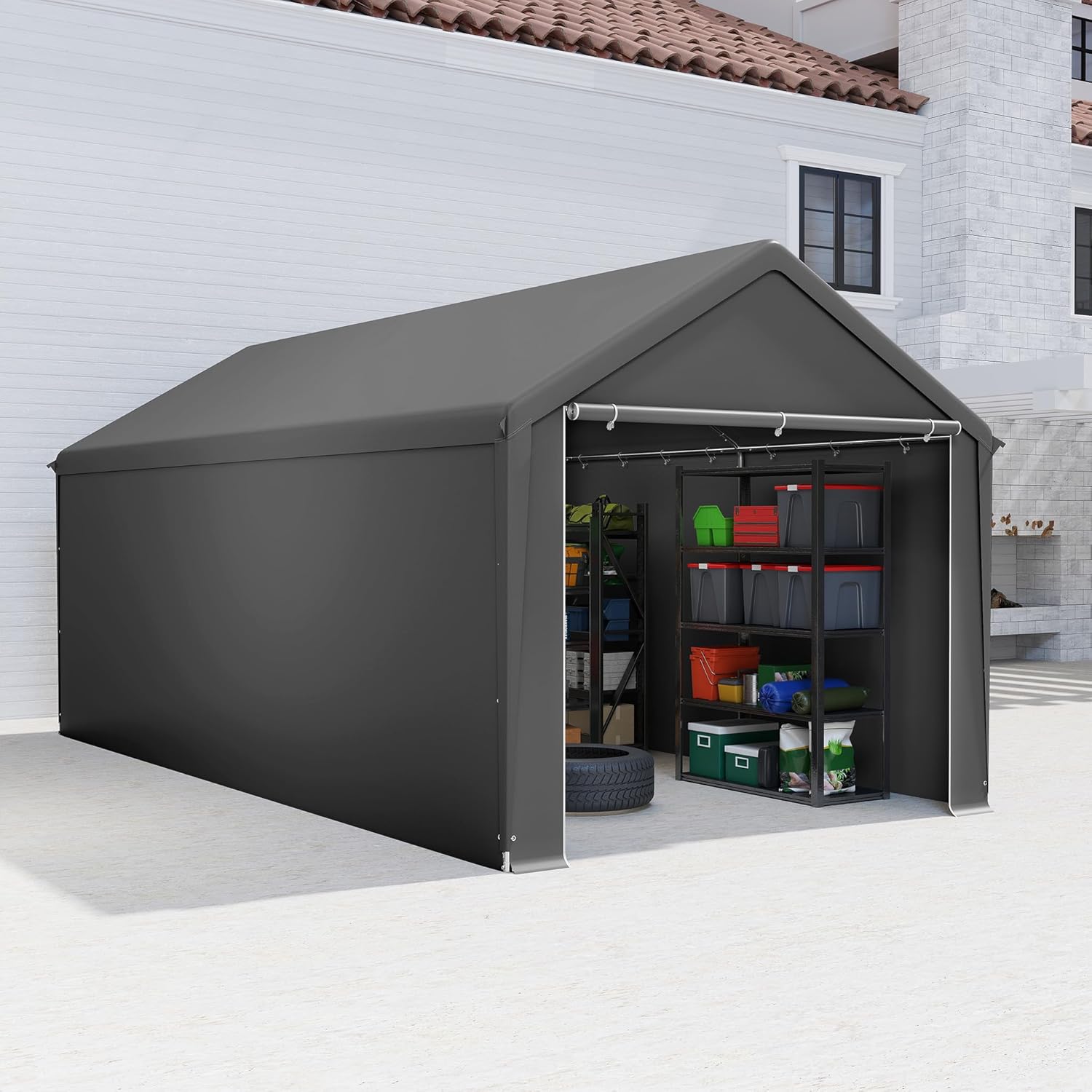Aufun Carport, tenda di stoccaggio impermeabile, 3 x 6 m, con tetto in polietilene, resistente agli strappi, con pareti laterali rimovibili, resistente ai raggi UV, invernale, per auto, SUV, camion