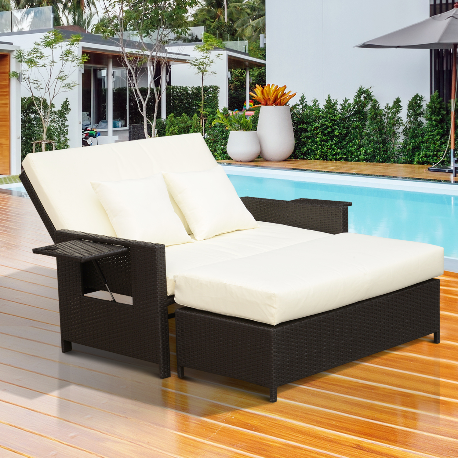 Outsunny Poly-rotan loungebank 2-zits set ligstoel kruk bruin