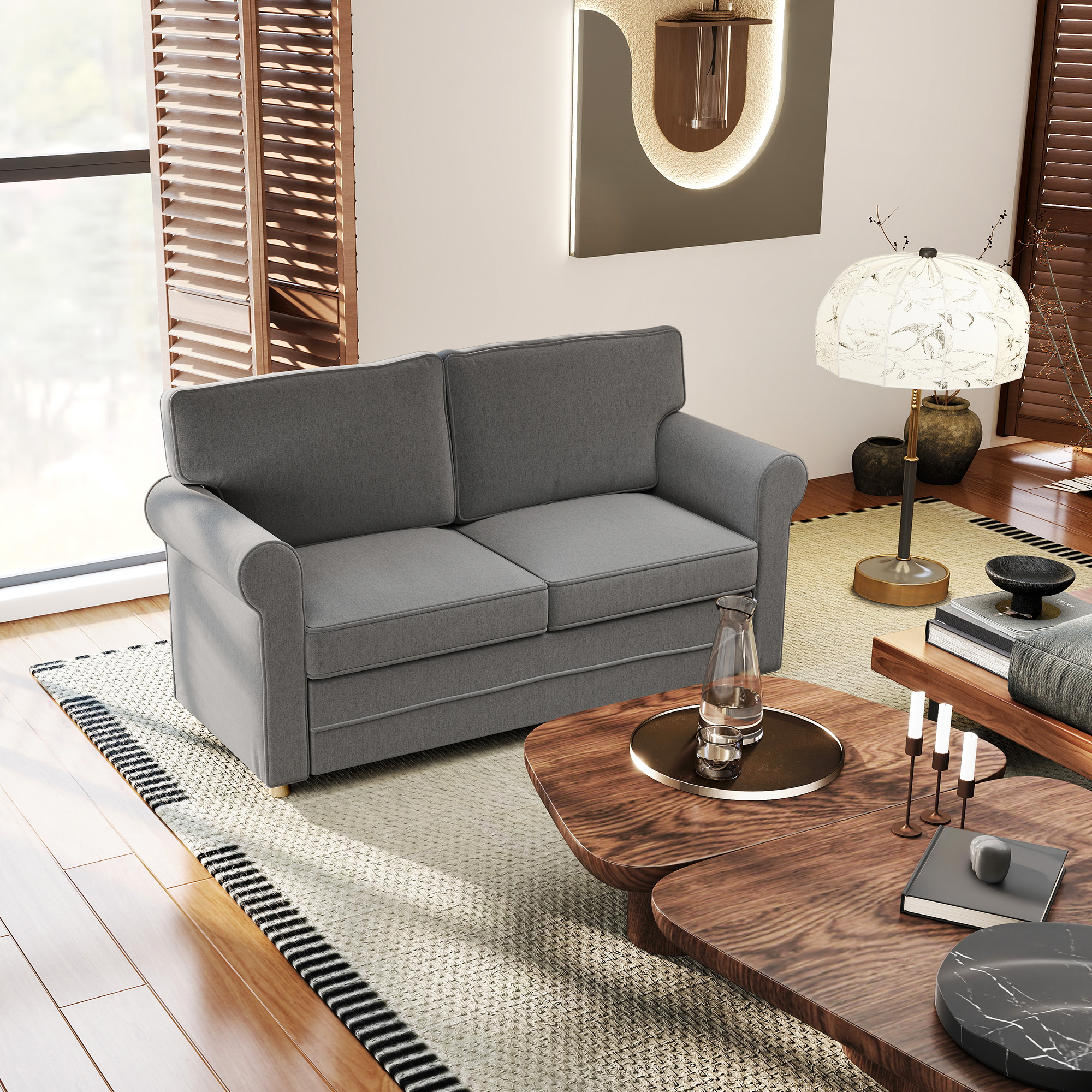 2-zitsbank, Compacte Woonkamerbank, Stof in Linnenlook, Zachte Zitkussens, Stalen Frame, Donkergrijs