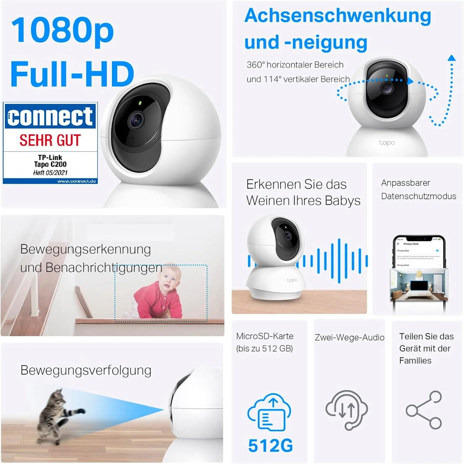 Tapo TP-Link C200 360°-WLAN-Überwachungskamera für den Innenbereich, FHD 1080P, Nachtsicht, Bewegungserkennung, Zwei-Wege-Audio, kompatibel mit Alexa und Google Assistant, für Babys/Haustiere