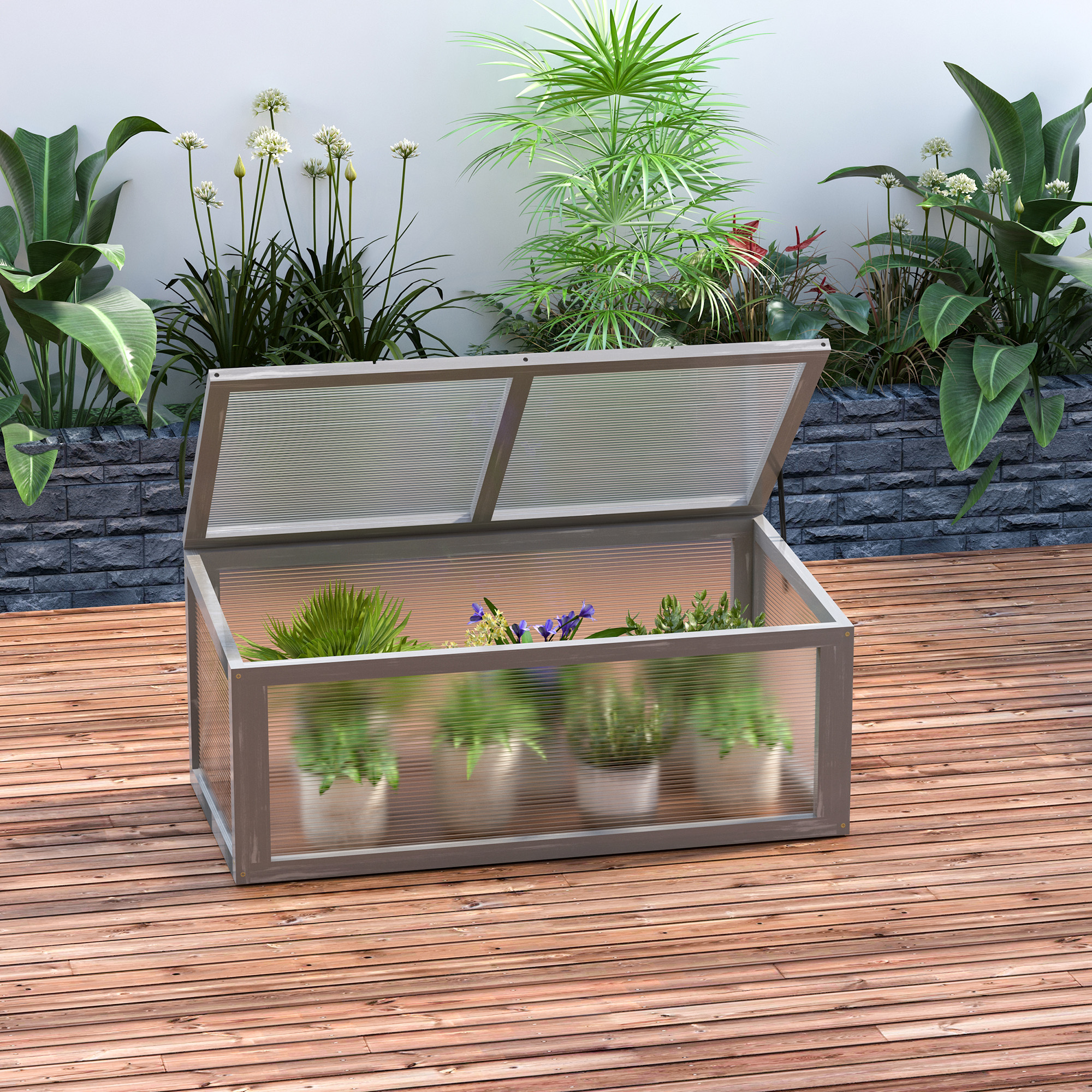 Outsunny Frühbeet Holz und Polycarbonat Treibhaus 90 x 46 x 40 cm Gewächshaus mit Abdeckung wetterfest Frühbeetkasten für Garten Pflanzenbeet Grau