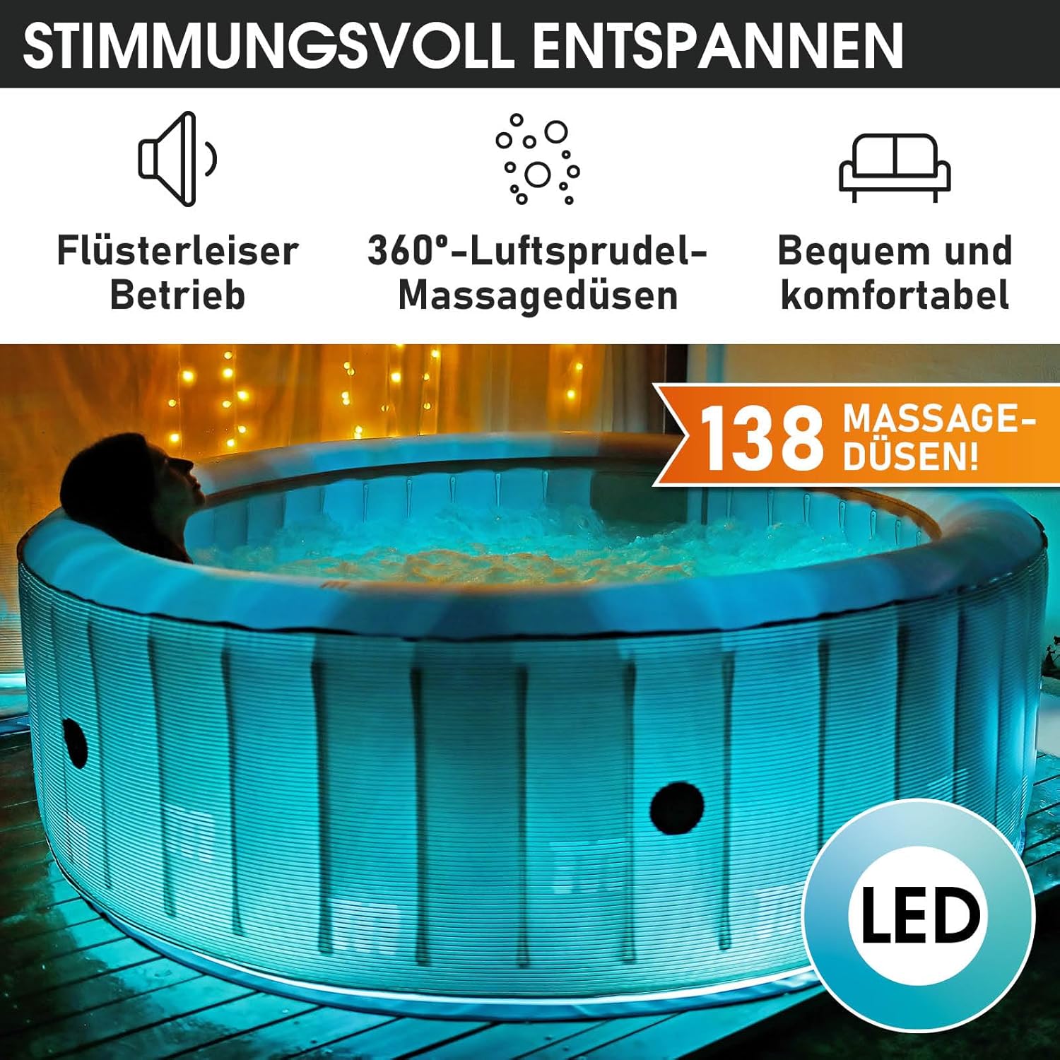 BRAST Whirlpool aufblasbar MSpa Starry mit LED Beleuchtung für 6 Personen Ø204x70cm In- Outdoor Pool 138 Massagedüsen Energiespar-Timer Heizung Bubble Wellness Massage