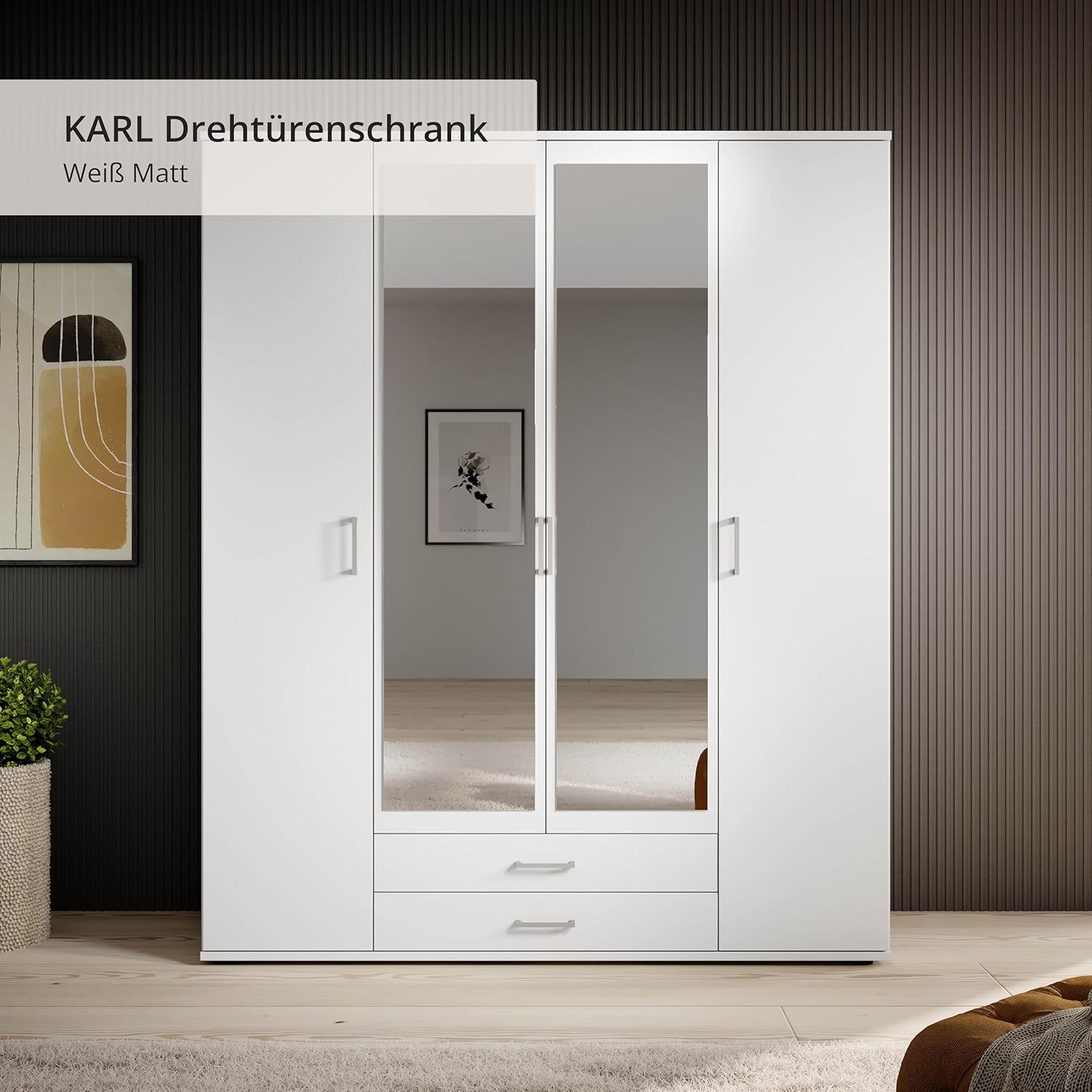 KARL Elegant 4 Door Wardrobe with Large Capacity, Versatile with Hinged Doors, White with Mirrored Doors, 160 x 196 x 54 cm, W x H x D