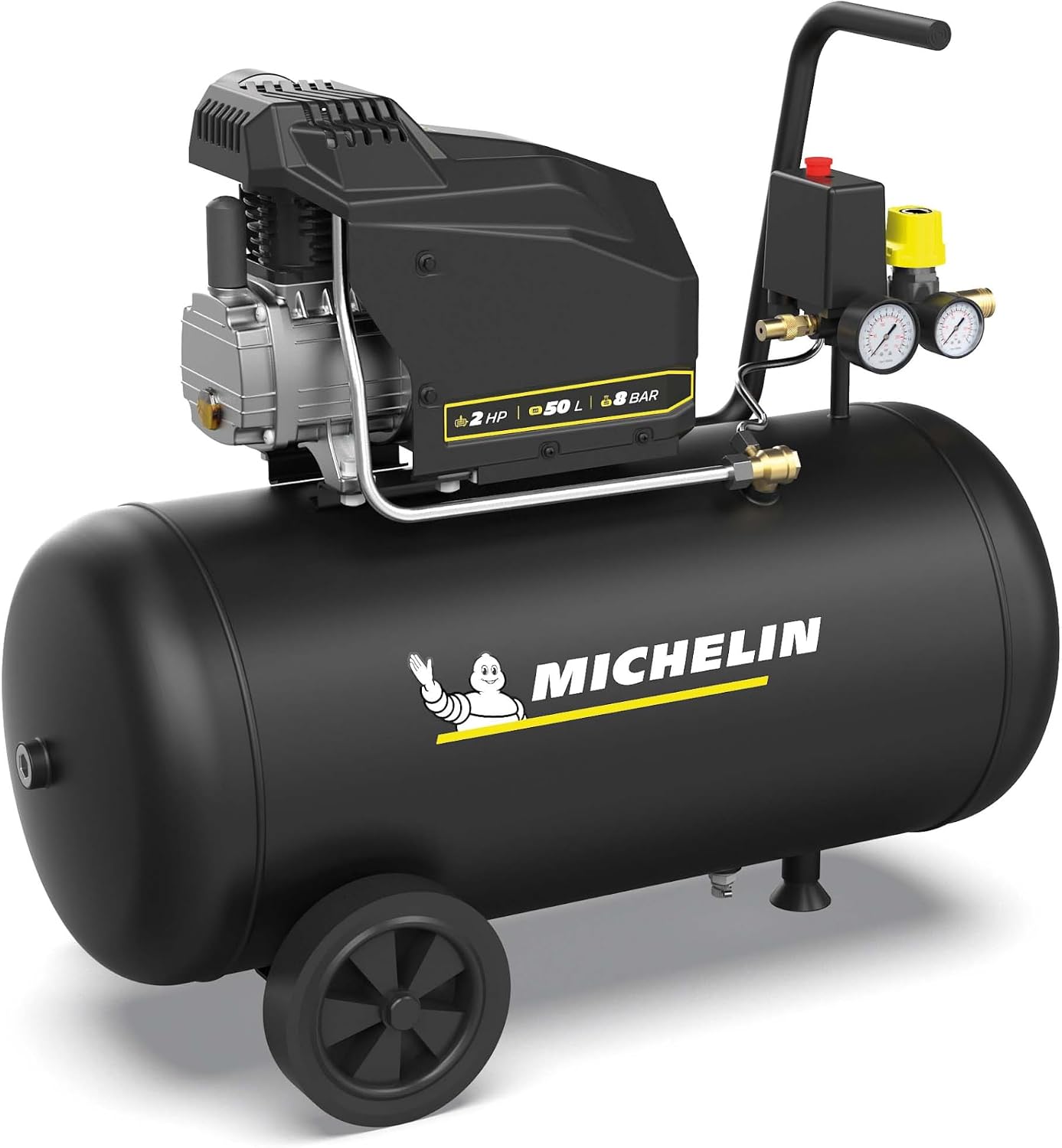 MICHELIN, Compressore d'Aria MX POP AIR 50-2 L, Serbatoio 50 Litri con Ruote, Motore da 2 hp, Pressione Massima 8 bar, Portata d'Aria 195 l/min