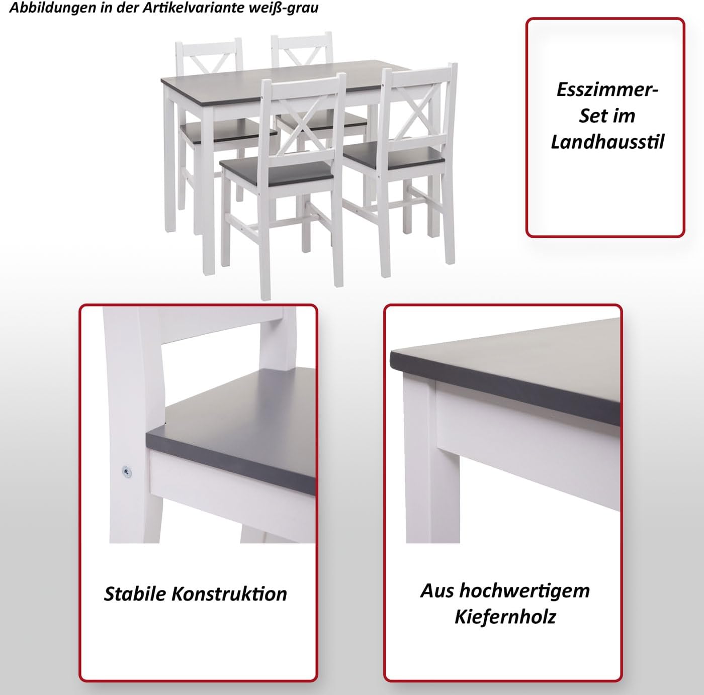Mendler Set Tavolo con 4X sedie Country Classica Cucina Soggiorno HWC-F77 Legno massello Bianco e Grigio