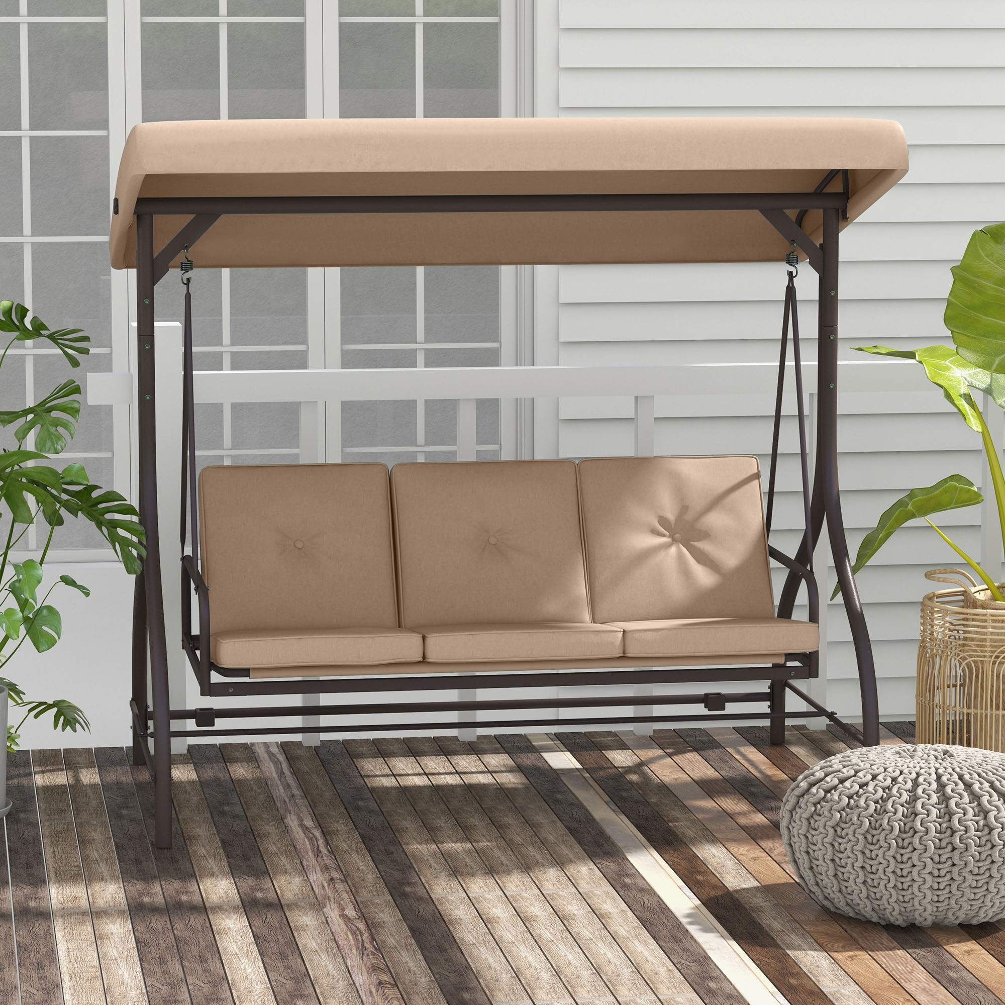 Outsunny Gartenliege für 3 Personen konvertierbar, hoher Komfort mit Polstern, verstellbarem Dach, Metall, Polyester, Khaki