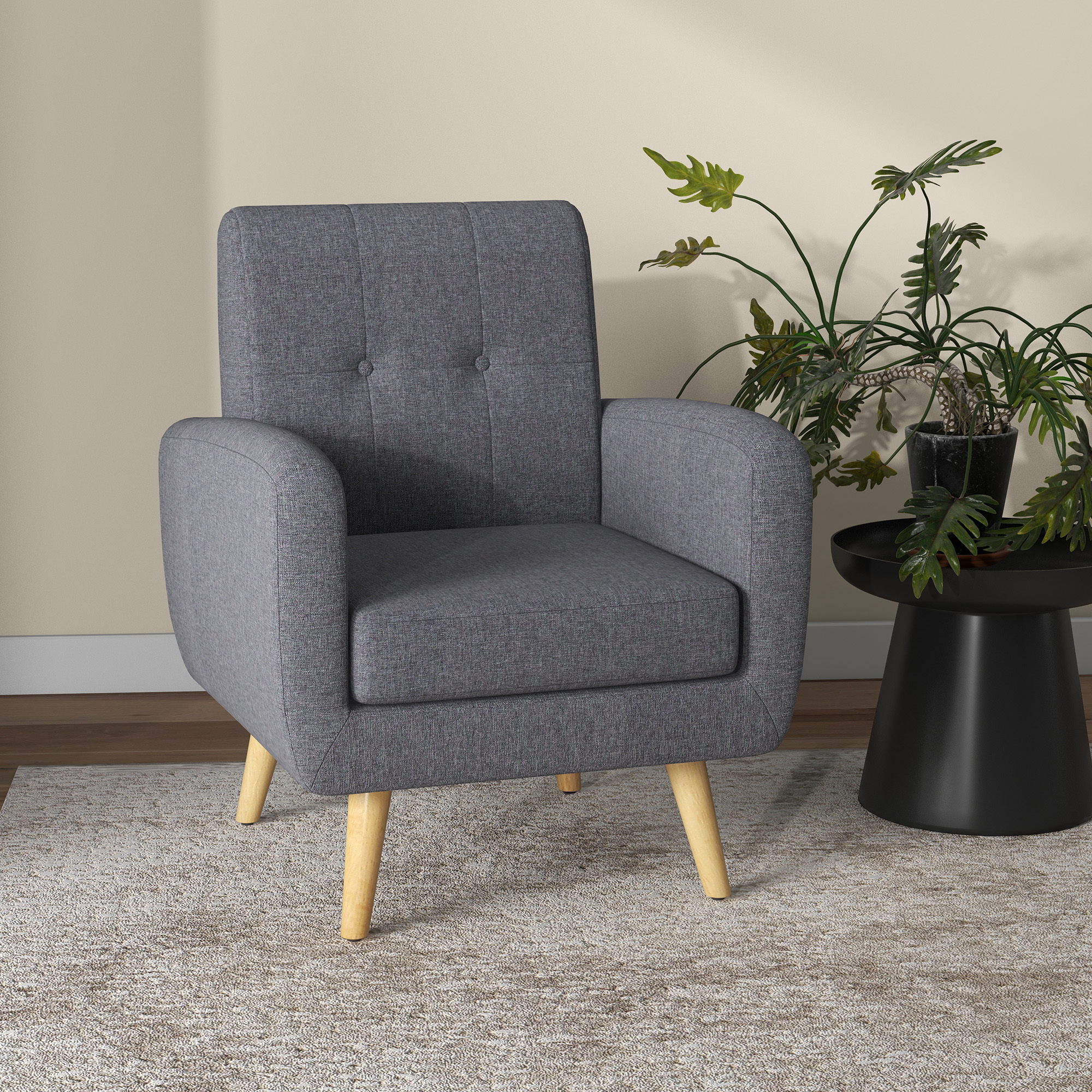 HOMCOM Sessel im Skandi-Design, Akzentsessel, Knopfheftung, Natur + Hellgrau
