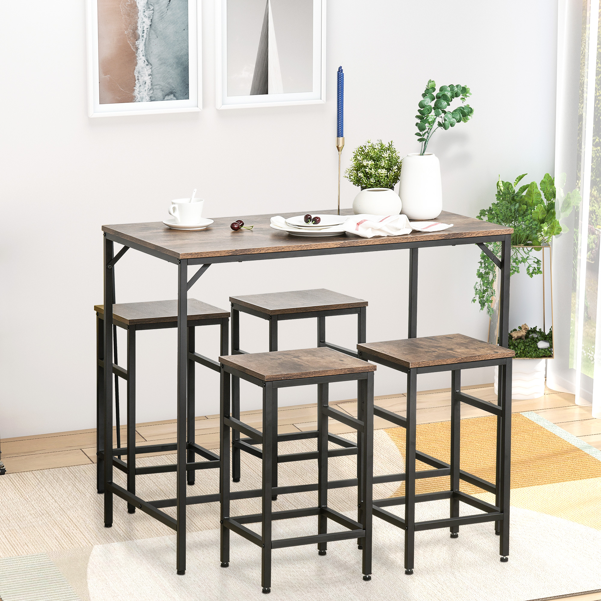HOMCOM 5-teiliges Bartisch Set Bartisch mit Barhocker-Set Esstisch mit 4 Stühlen Küchentisch für Esszimmer, Küche, Rustikal-Braun+Schwarz