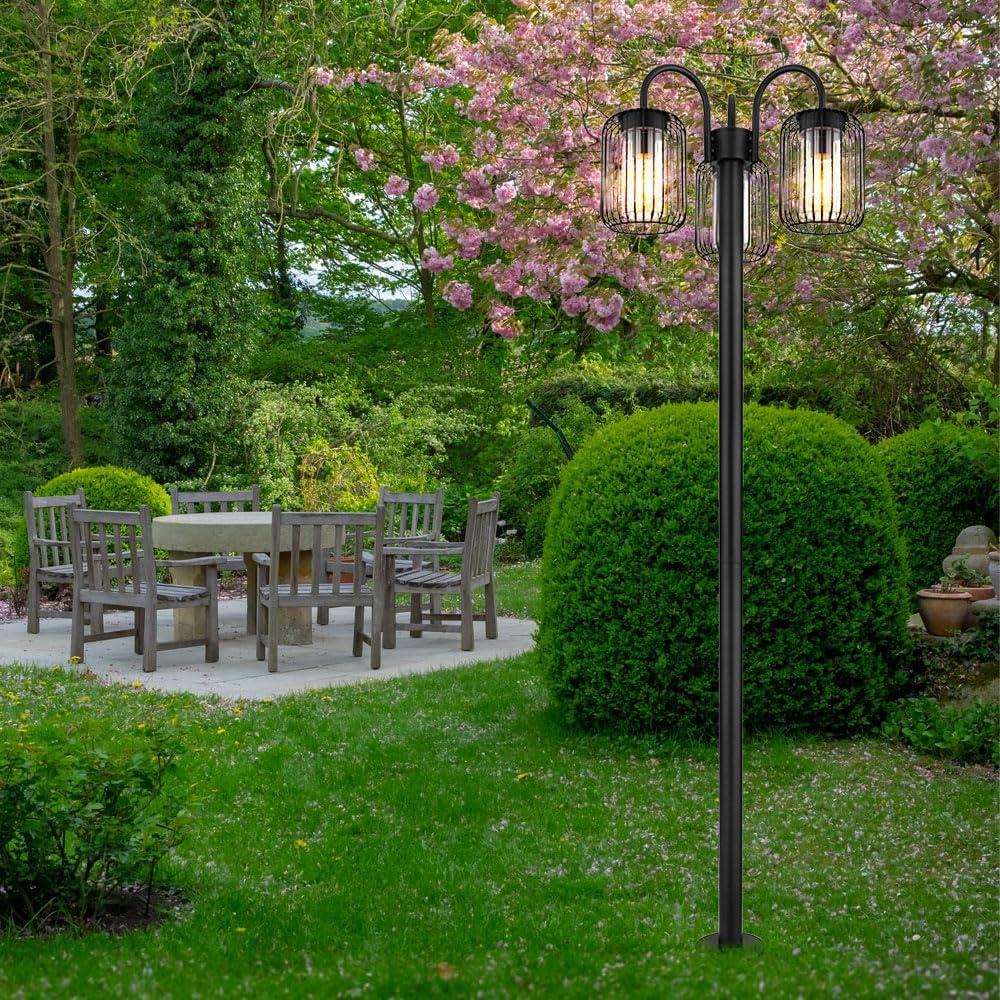 LED Stehlampe Laterne Außenlampe Retro Wegeleuchte Edelstahl Terrassenlampe wetterfest Gartenleuchte, Metallstäbe, schwarz, 3x E27 LED warmweiß, DxH 48,5x180 cm