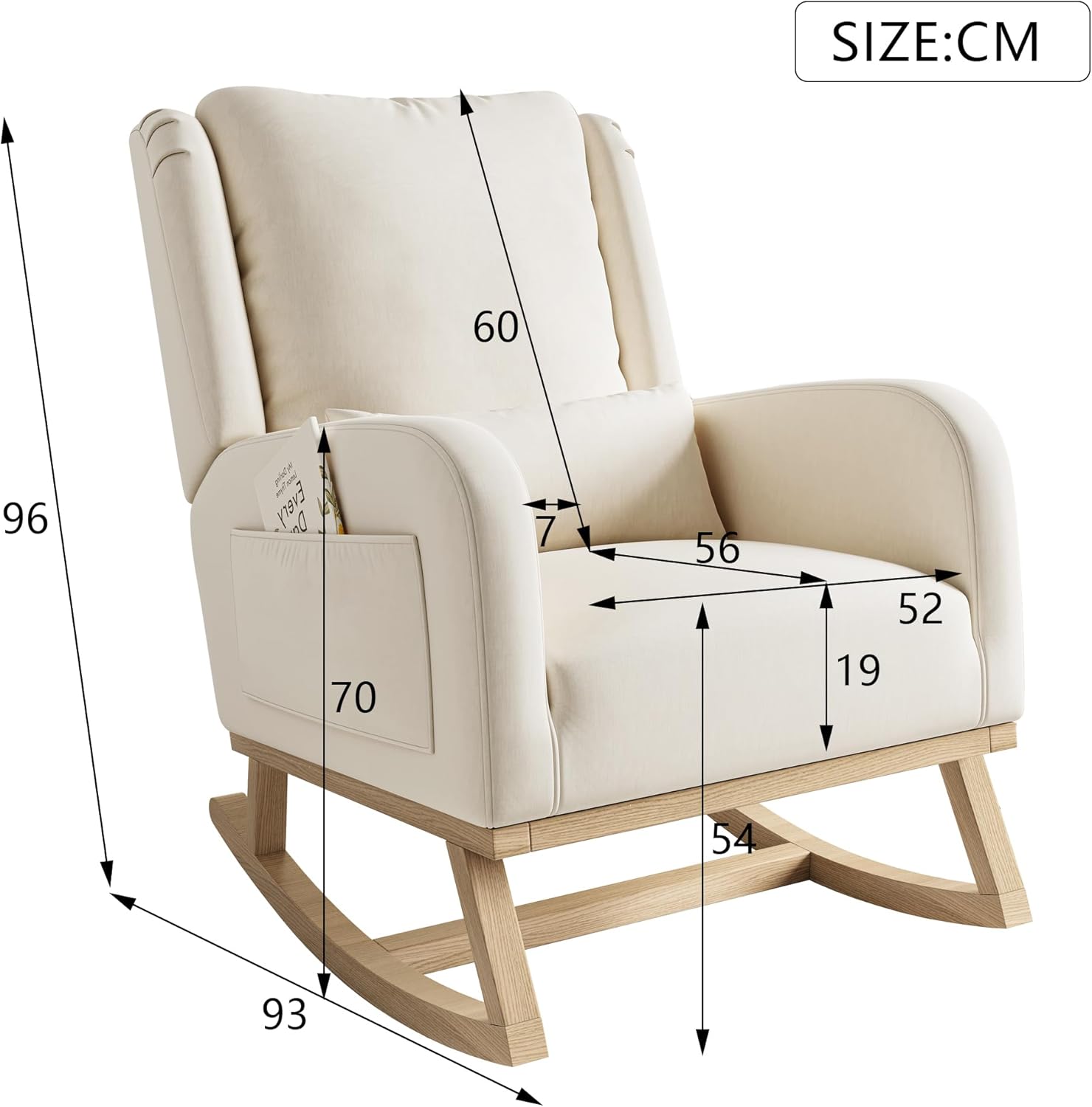 Schaukelstuhl mit Holzkufen & Seitentaschen, Beige Relaxstuhl Sessel Stuhl Wohnzimmersessel Schaukelsessel Leinen Gepolsterter Stillsessel für Wohnzimmer Schlafzimmer Babyzimmer, bis 150 kg