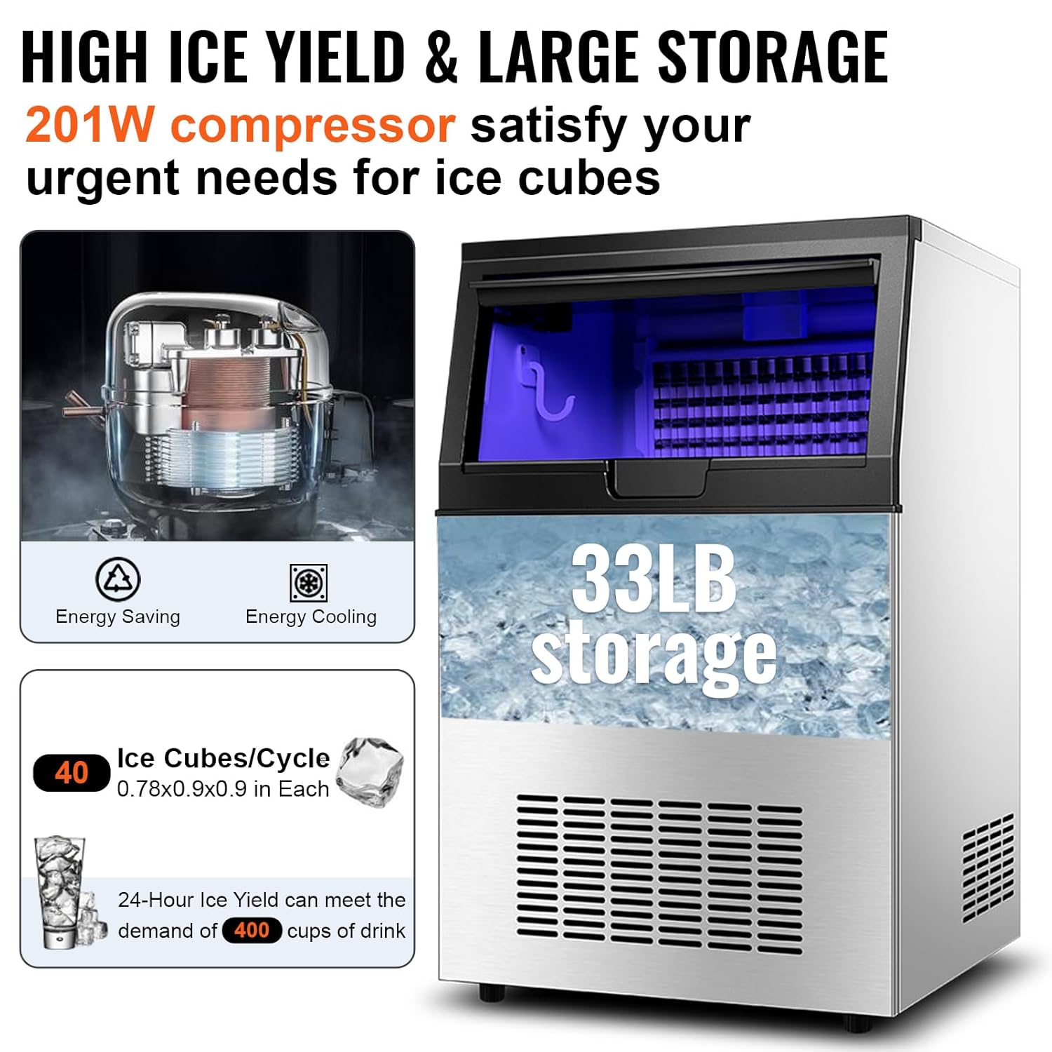 Macchina Per Fare Cubetti Di Ghiaccio Commerciale 60kg/24h, 350W 40 Vassoi Per Cubetti Di Ghiaccio Capacità Di Stoccaggio Lcd Per Casa, Ufficio, Ristorante, Bar, Caffè