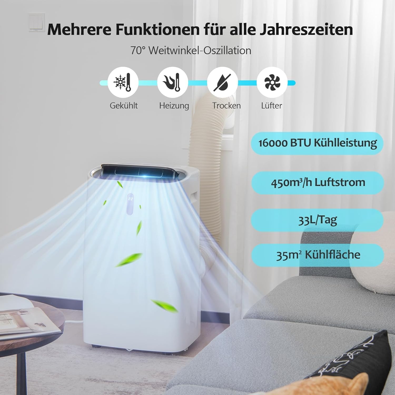 GOPLUS 16000 BTU Klimaanlage mit Abluftschlauch, 5 in 1 mobiles Klimagerät: Kühlen, Heizen, Entfeuchten, Belüften, Schlafmodus | 24H-Timer | App & Fernbedienung | für Raumgröße bis 30㎡ (16000BTU)