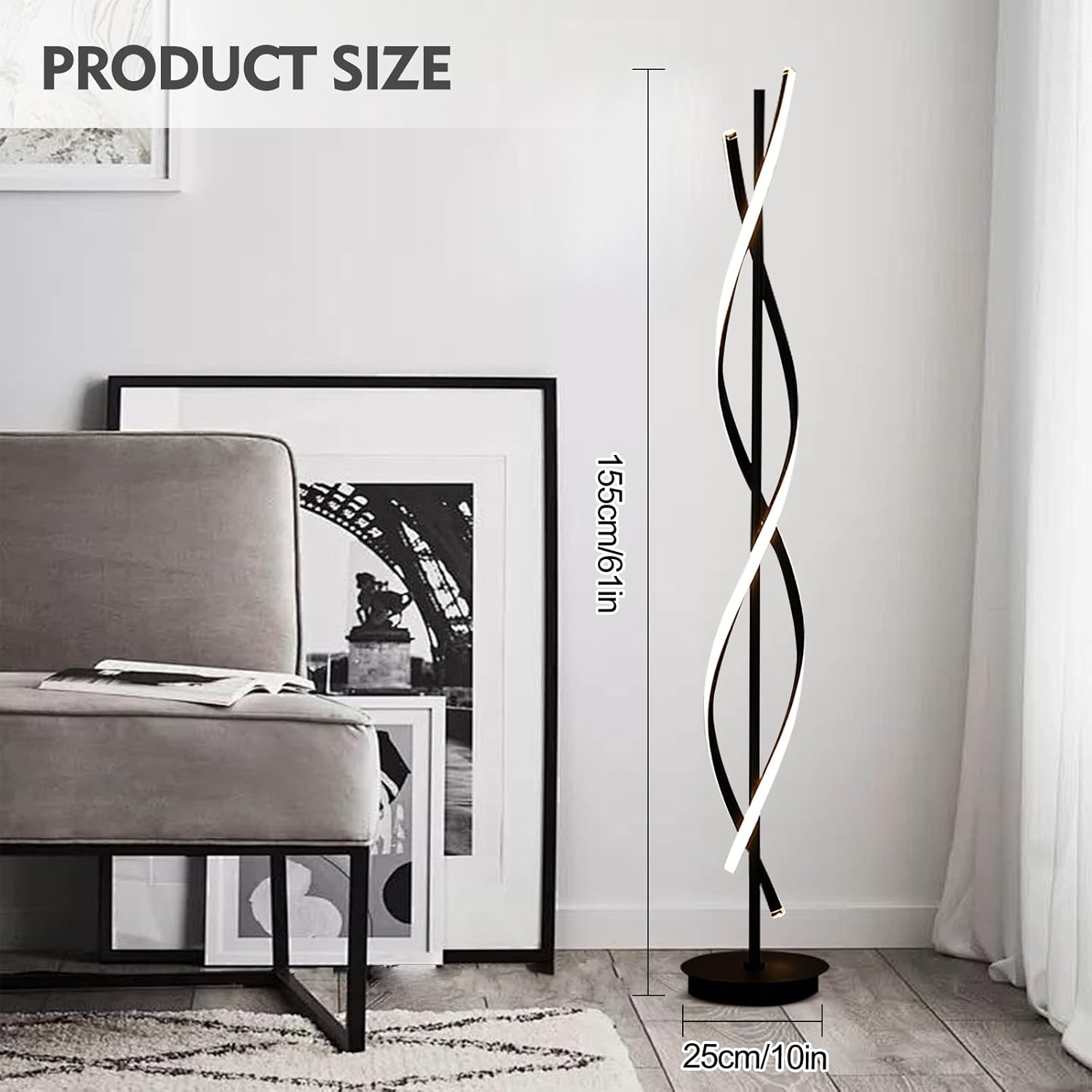LED Floor Lamp for Living Room, Dimmable Modern Spiral Floor Lamp for Living Room, Bedroom, Children's Room (155cm, Black)