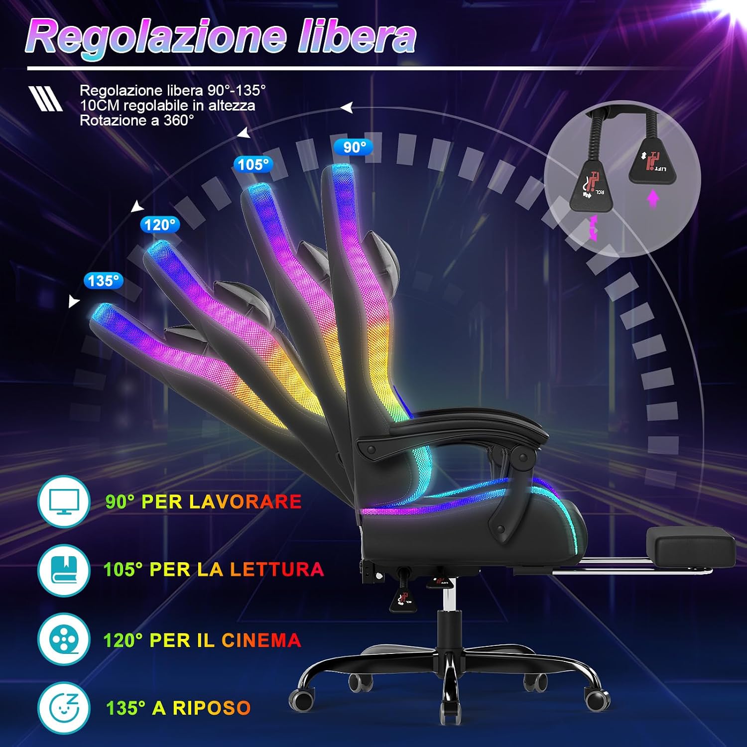 Devoko Sedia da Gaming con Massaggiante Schienale Regolabile 90-135°, Sedia Gaming con LED e Poggiapiedi Telescopico,Poltrona Gaming Ergonomica Portata 150 kg (Gray)