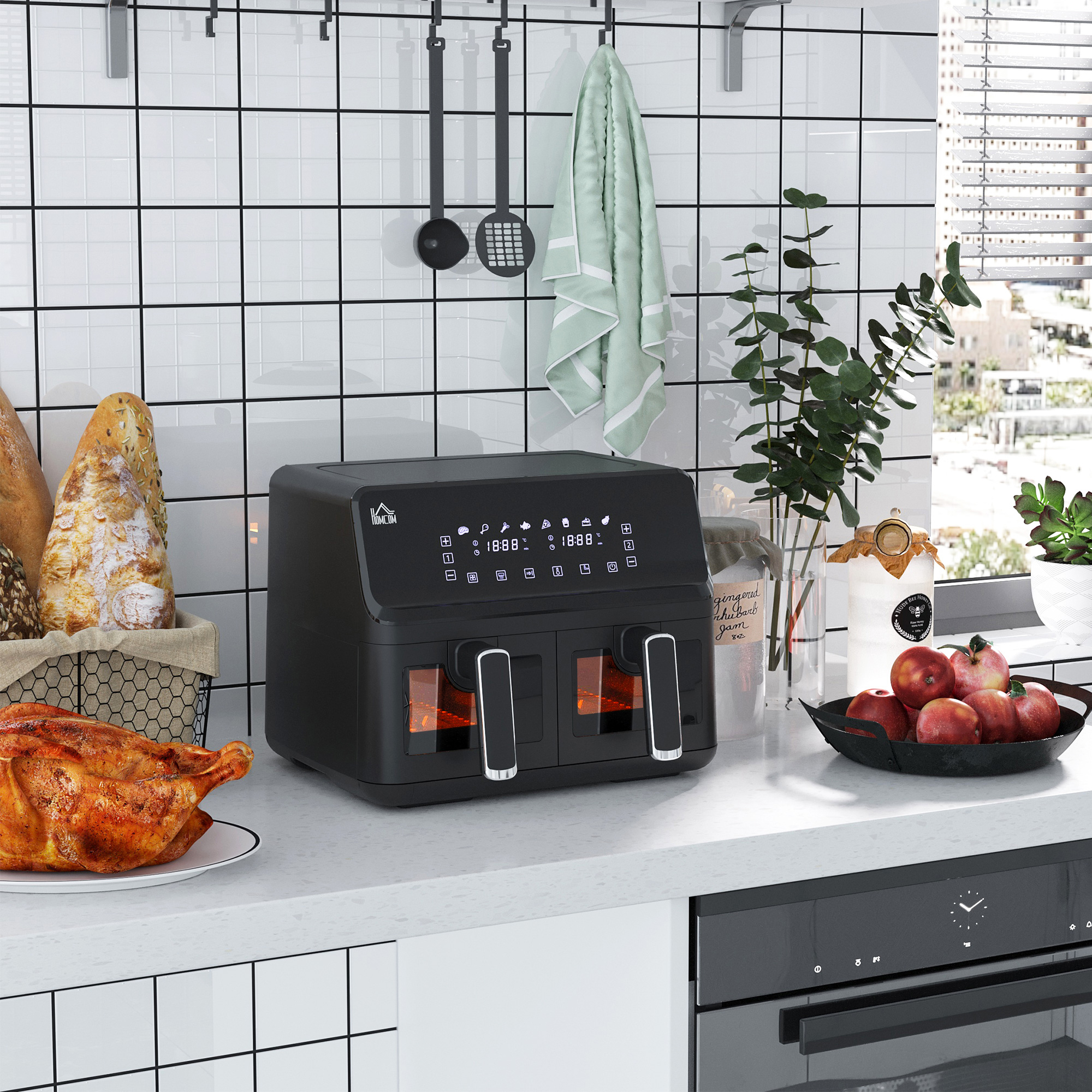 HOMCOM Heißluftfritteuse, 2 Frittierkörbe á 4 Liter, 8 Programme, Licht, Timer, 38,5 x 38 x 30,5 cm, Schwarz