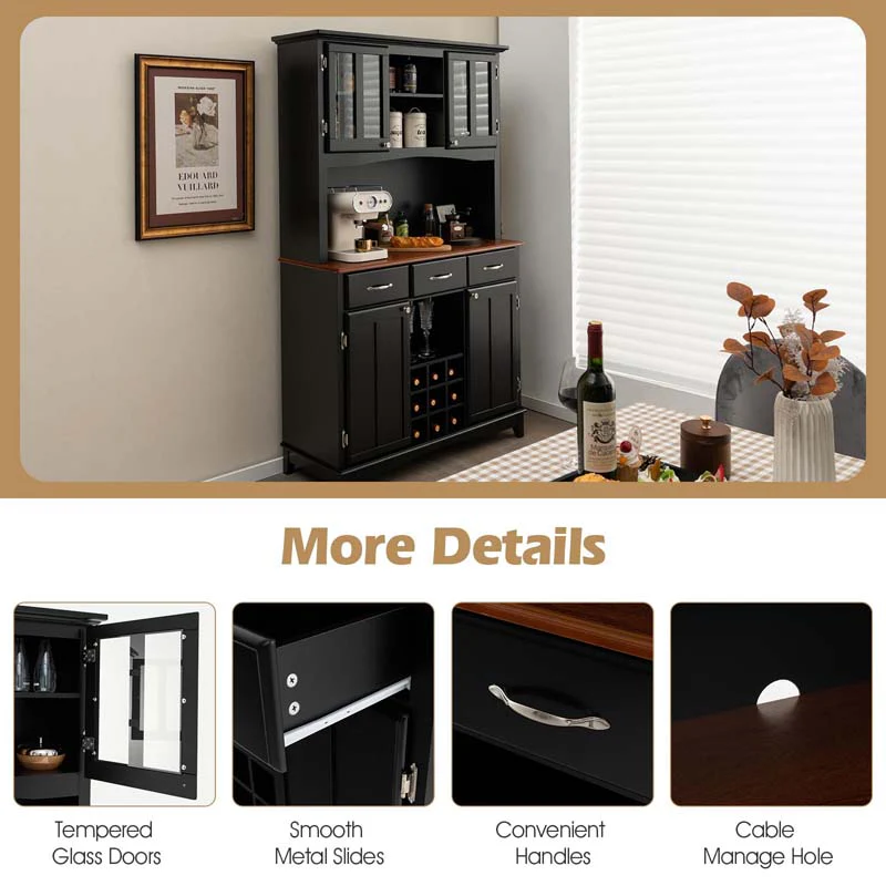 Wood Buffet Hutch Cabinet Kitchen Hutch Sideboard Kitchenware Server with 3 Large Drawers & 9 Wine Grids